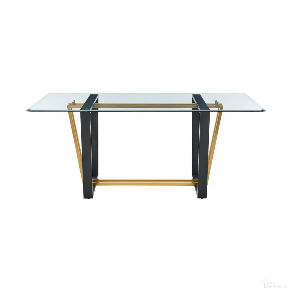 The appearance of 72 Inch Glass and Iron Sled Base Dining Table In Clear and Gold designed by Homeroots in the modern / contemporary interior design. This clear/gold piece of furniture  was selected by 1StopBedrooms from  to add a touch of cosiness and style into your home. Sku: 569431. Table Base Style: Trestle. Material: Glass. Table Top Shape: Rectangular. Size: 40" x 72".