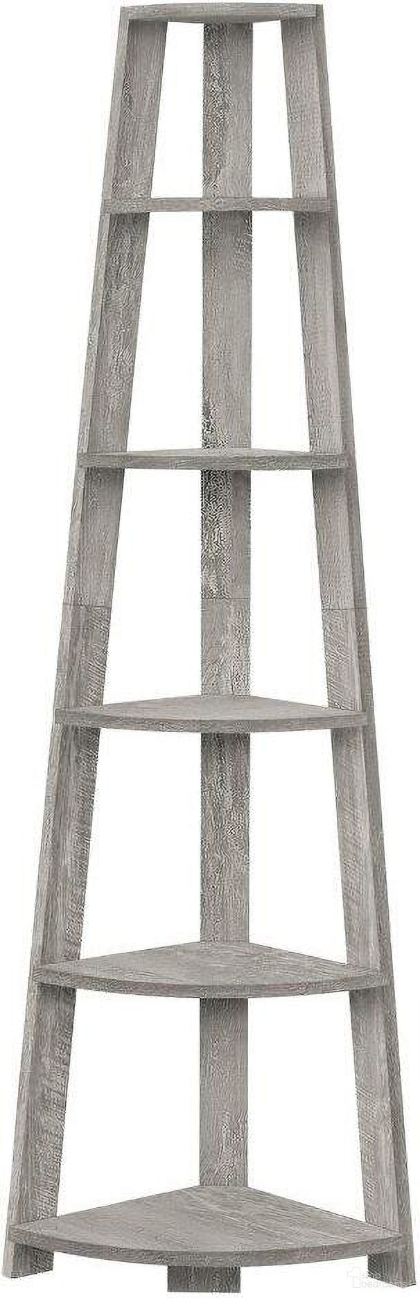 The appearance of 72 Inch Industrial Grey Corner Accent Etagere Bookcase designed by Monarch Specialties in the modern / contemporary interior design. This grey piece of furniture  was selected by 1StopBedrooms from  to add a touch of cosiness and style into your home. Sku: I 2433. Material: MDF.