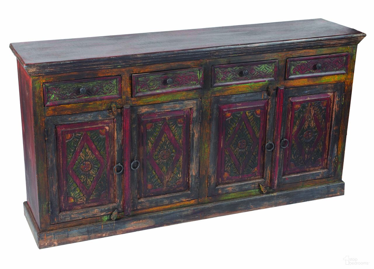 72 Inch Solid Wood Four Drawer Sideboard with Four Doors In Dark Brown and Green