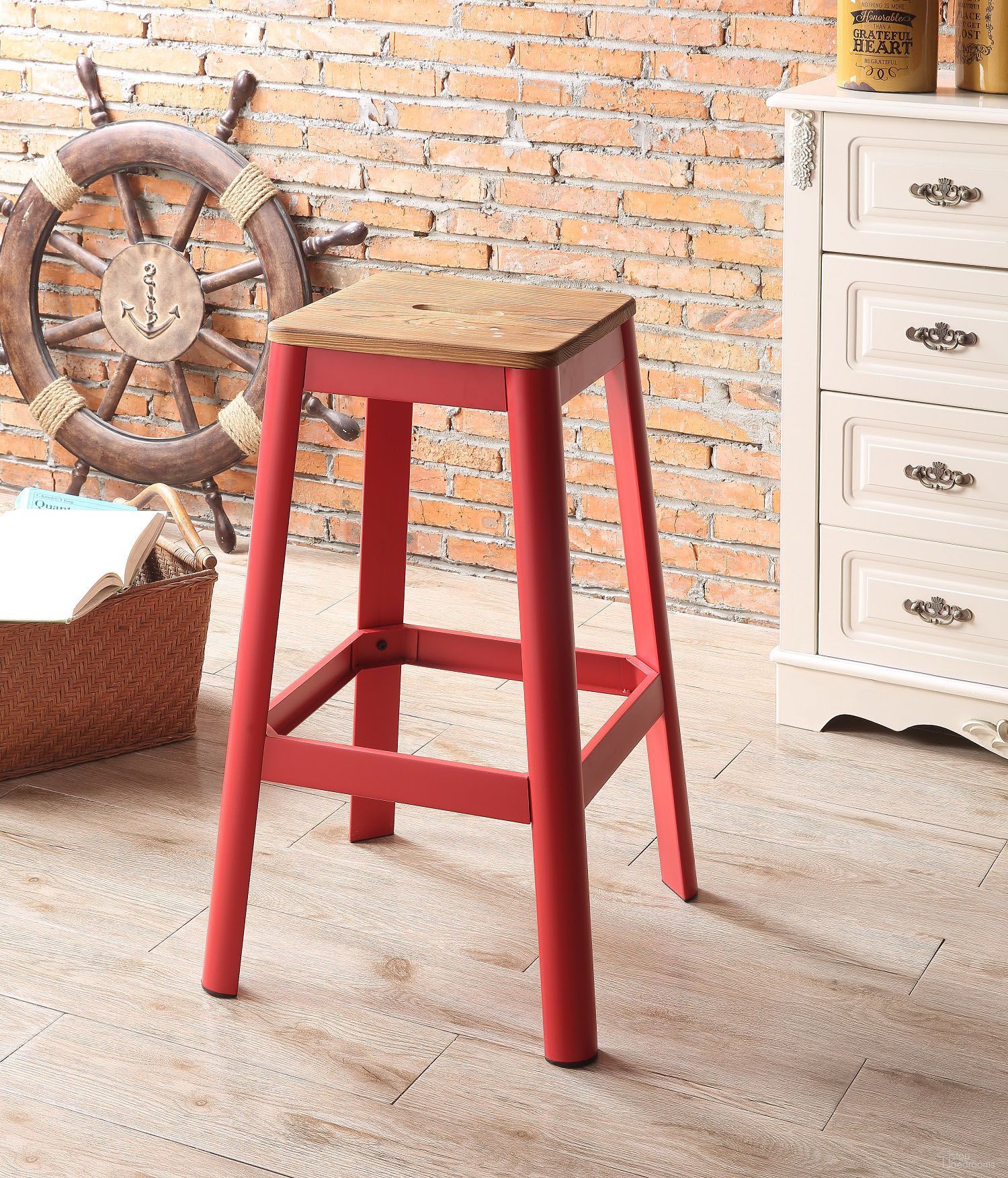 The appearance of Jacotte Red Bar Stool designed by ACME in the industrial interior design. This red piece of furniture was selected by 1StopBedrooms from Jacotte Collection to add a touch of cosiness and style into your home. Sku: 72334. Material: Wood.