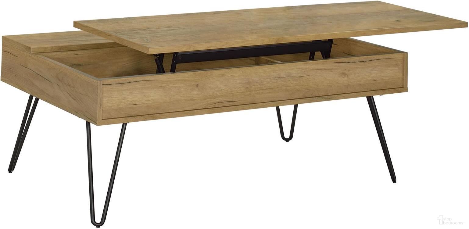 The appearance of Fanning Lift Top Storage Coffee Table Golden Oak and Black designed by Coaster in the industrial interior design. This golden oak piece of furniture  was selected by 1StopBedrooms from Fanning Collection to add a touch of cosiness and style into your home. Sku: 723368. Material: Wood.