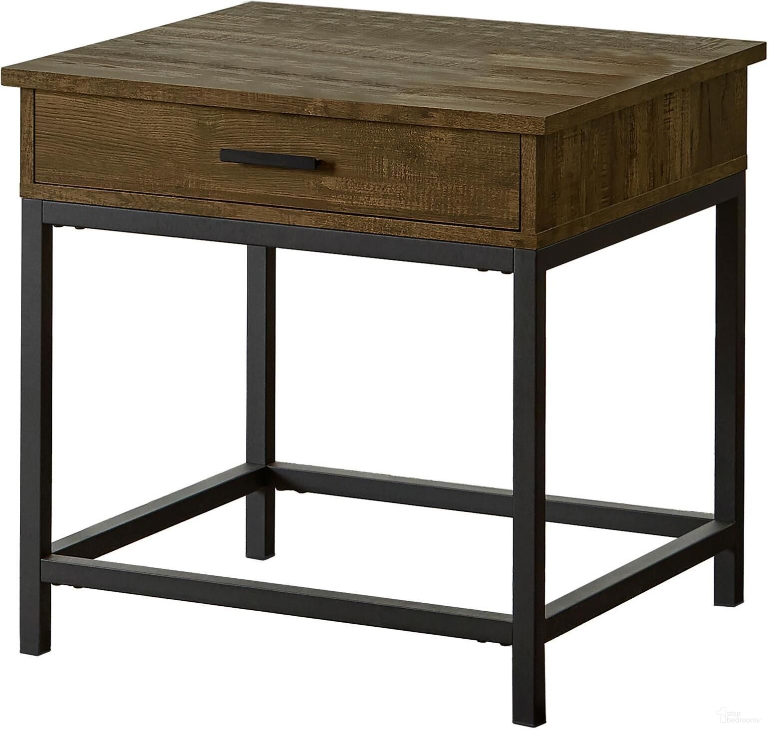 The appearance of Byers Square 1-drawer End Table Brown Oak and Sandy Black designed by Coaster in the industrial interior design. This brown oak piece of furniture  was selected by 1StopBedrooms from Byers Collection to add a touch of cosiness and style into your home. Sku: 723777. Material: Wood.