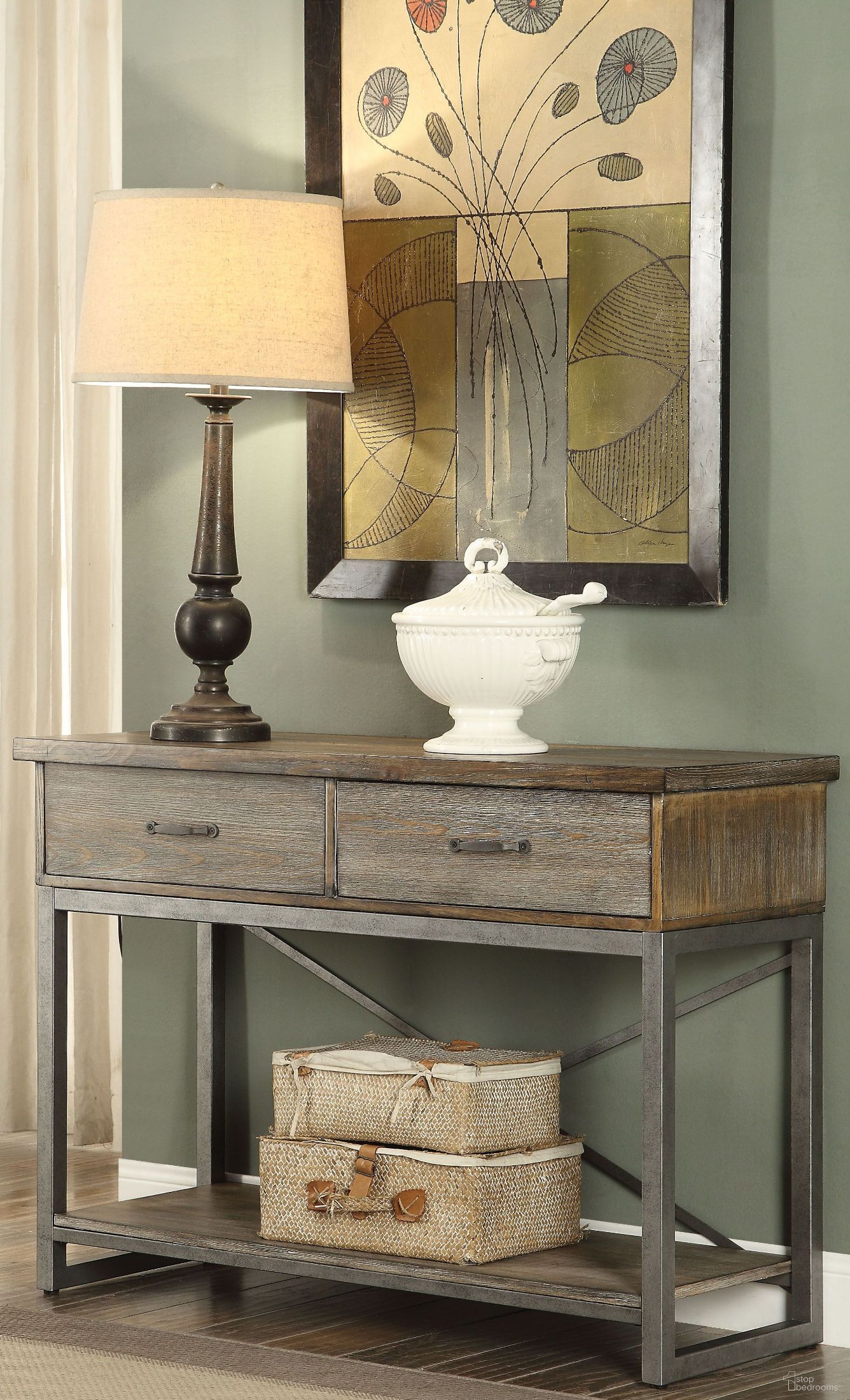 The appearance of Lazarus Weathered Oak and Antique Silver Server designed by ACME in the industrial interior design. This red piece of furniture was selected by 1StopBedrooms from Lazarus Collection to add a touch of cosiness and style into your home. Sku: 73113. Material: Metal.