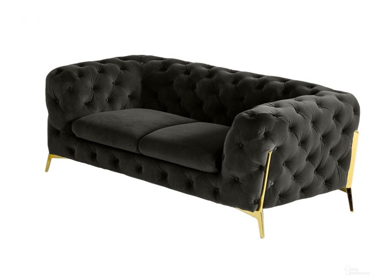 The appearance of 74 Inch Velour Chesterfield Loveseat In Dark Gray and Gold designed by Homeroots in the traditional interior design. This dark gray/gold piece of furniture was selected by 1StopBedrooms from to add a touch of cosiness and style into your home. Sku: 489281. Material: Velvet.