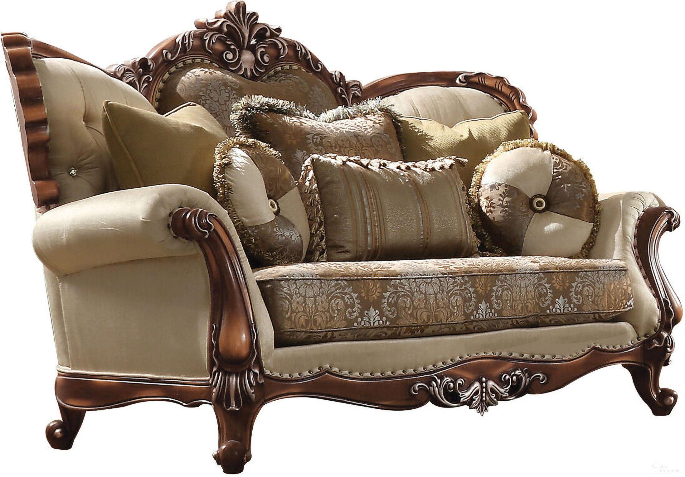 74 Inch Velvet Damask Curved Loveseat and Toss Pillows In Brown and Tan