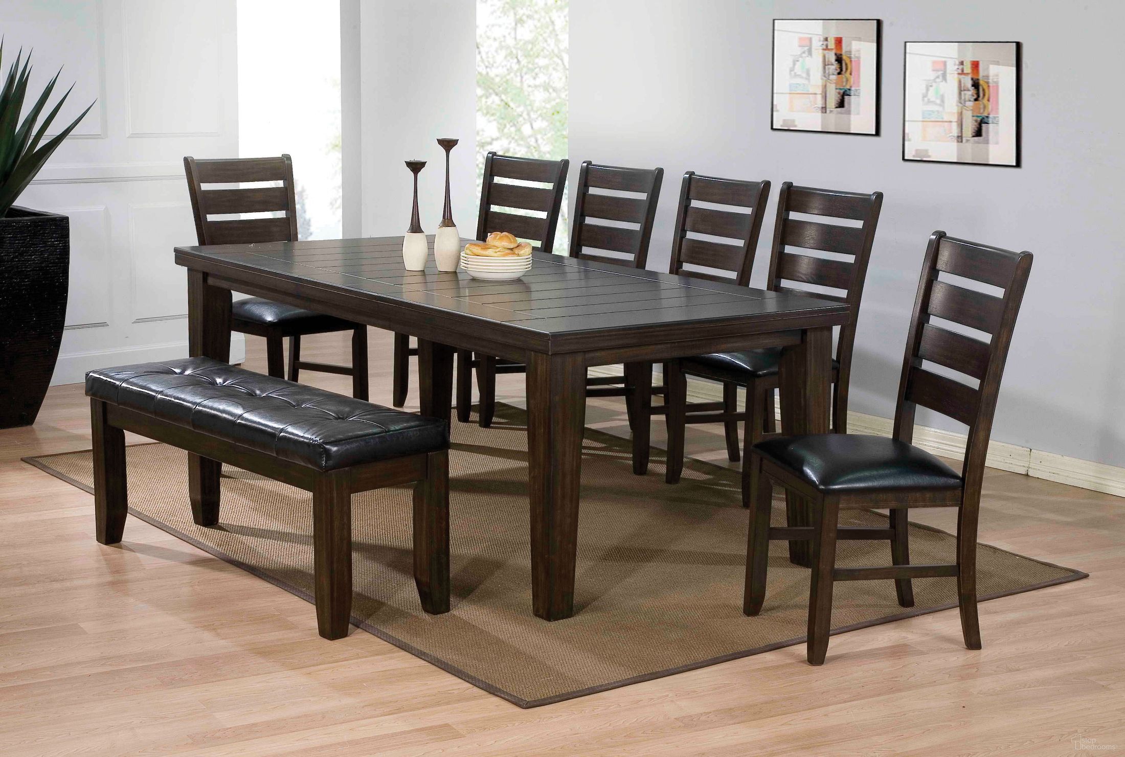The appearance of Urbana Espresso Rectangular Leg Dining Room Set designed by ACME in the transitional interior design. This brown piece of furniture was selected by 1StopBedrooms from Urbana Collection to add a touch of cosiness and style into your home. Sku: 74620;74624. Table Base Style: Legs. Material: Wood. Table Top Shape: Rectangular. Size: 42" x 66".