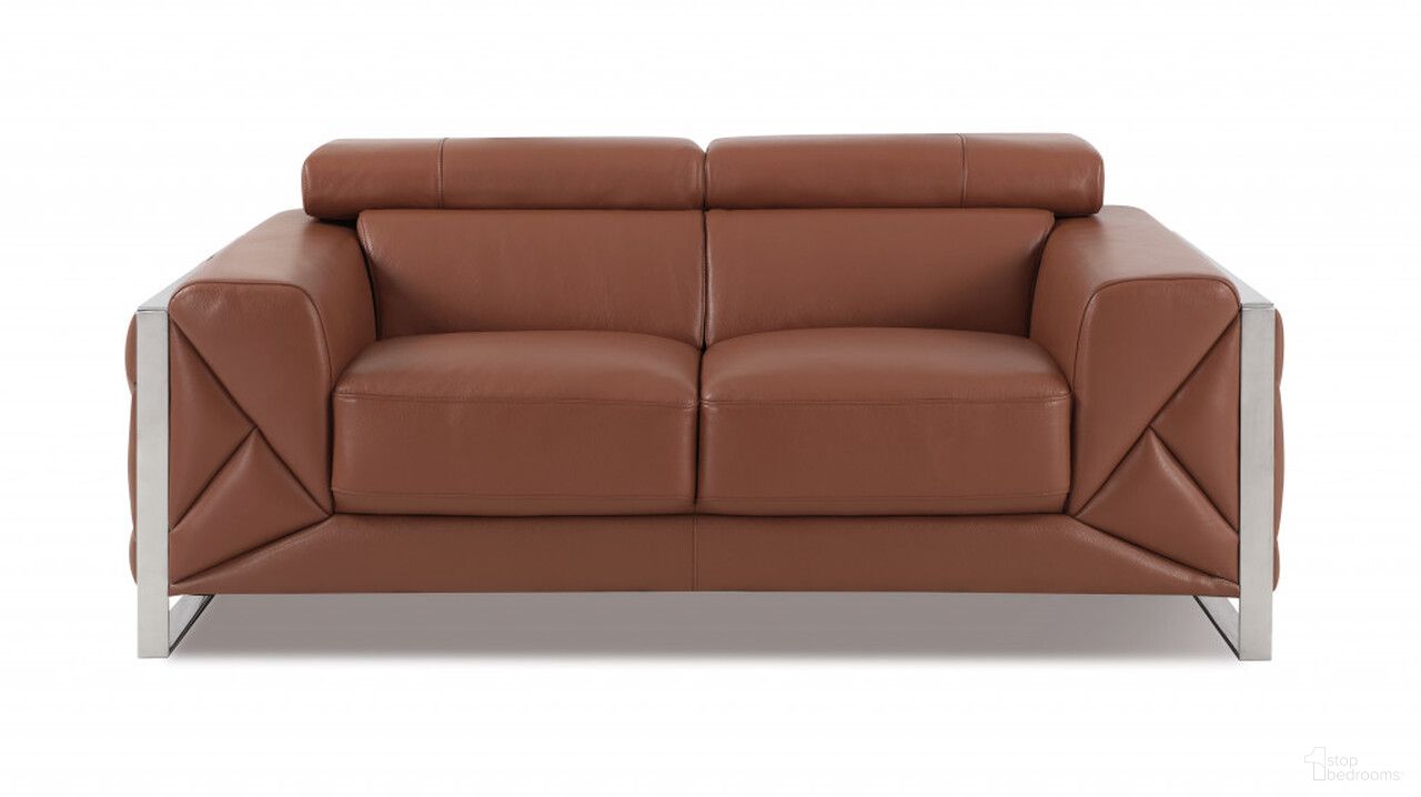 The appearance of 75 Inch Italian Leather Loveseat In Camel and Silver designed by Homeroots in the modern / contemporary interior design. This camel and silver piece of furniture  was selected by 1StopBedrooms from  to add a touch of cosiness and style into your home. Sku: 477561. Material: Genuine Leather.