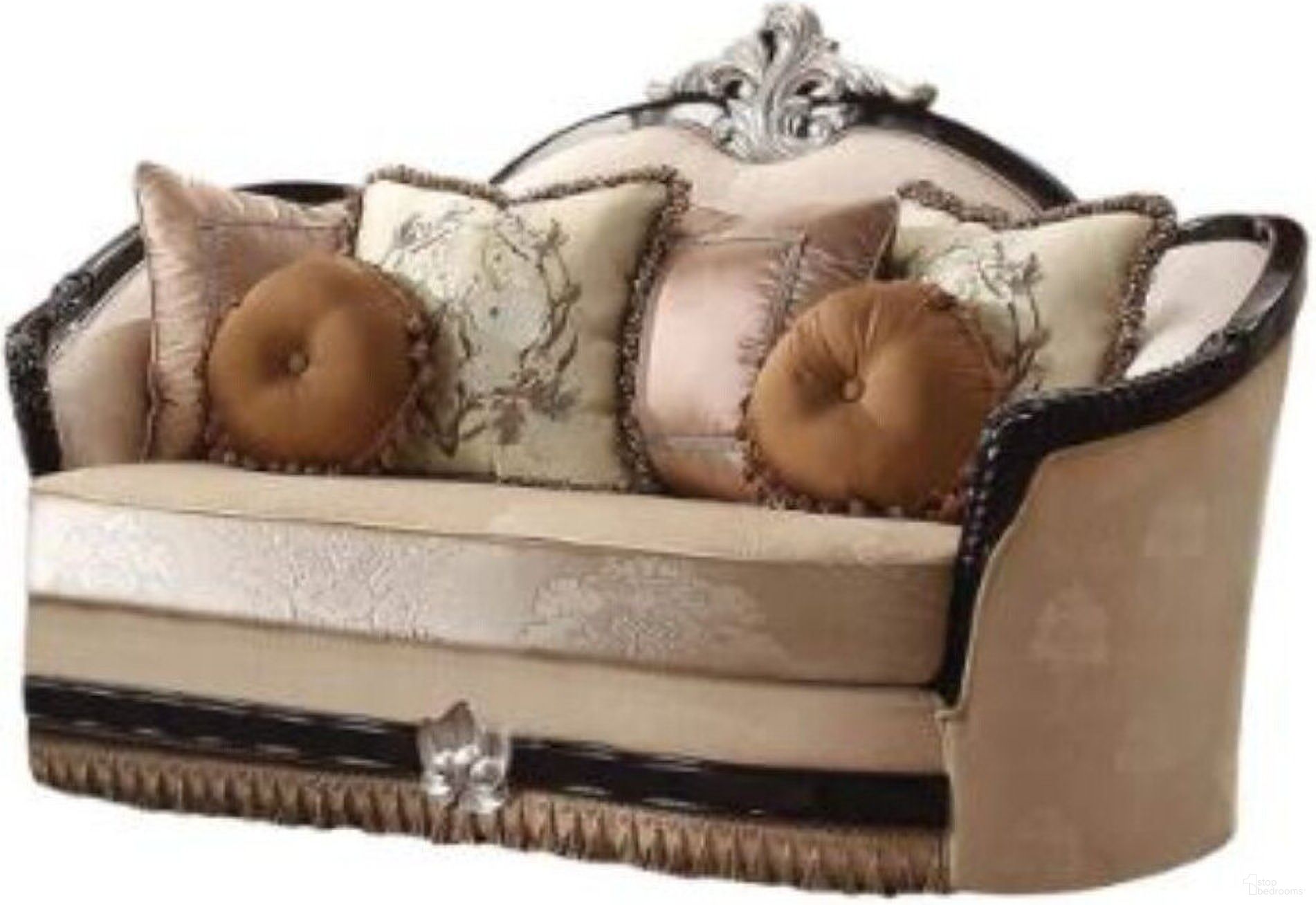 The appearance of 75 Inch Velvet Curved Loveseat and Toss Pillows In Tan designed by Homeroots in the modern / contemporary interior design. This tan piece of furniture  was selected by 1StopBedrooms from  to add a touch of cosiness and style into your home. Sku: 515716. Material: Velvet.