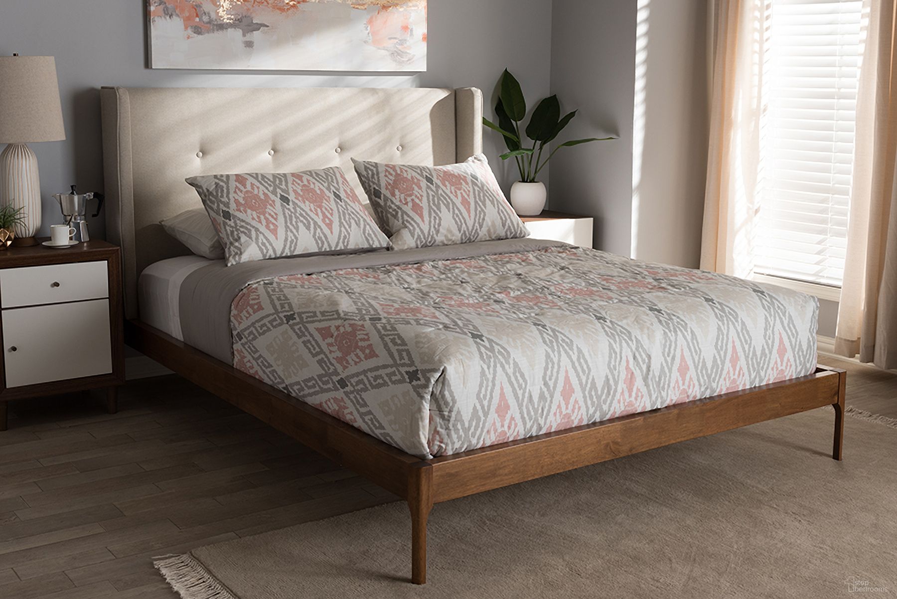 The appearance of Baxton Studio Brooklyn Mid-Century Modern Walnut Wood Beige Fabric King Size Platform Bed designed by Baxton Studio in the transitional interior design. This light beige piece of furniture was selected by 1StopBedrooms from Brooklyn Collection to add a touch of cosiness and style into your home. Sku: BBT6653-Light Beige-King-6086-1. Bed Type: Platform Bed. Material: Polyester. Bed Size: King.