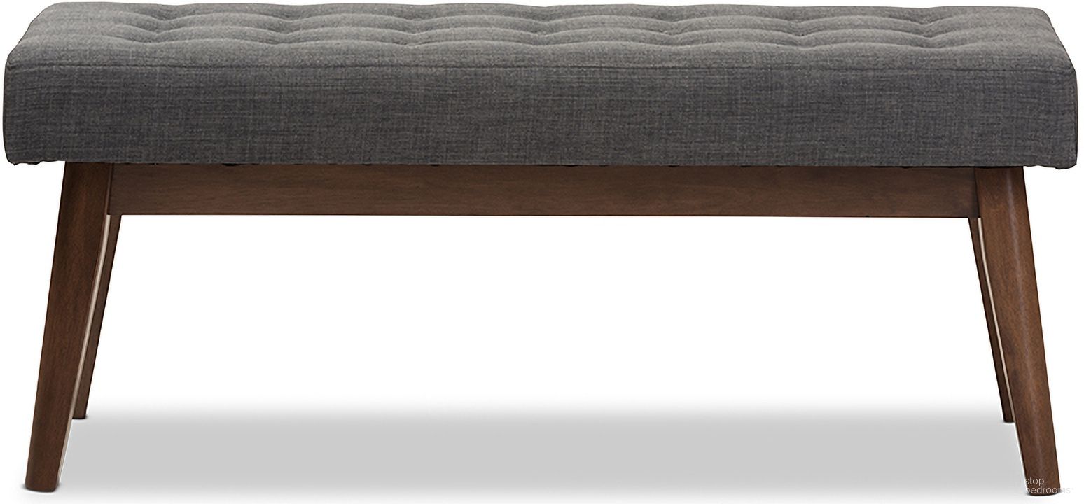 Baxton Studio Elia Mid-Century Modern Walnut Wood Dark Grey Fabric Button-Tufted Bench
