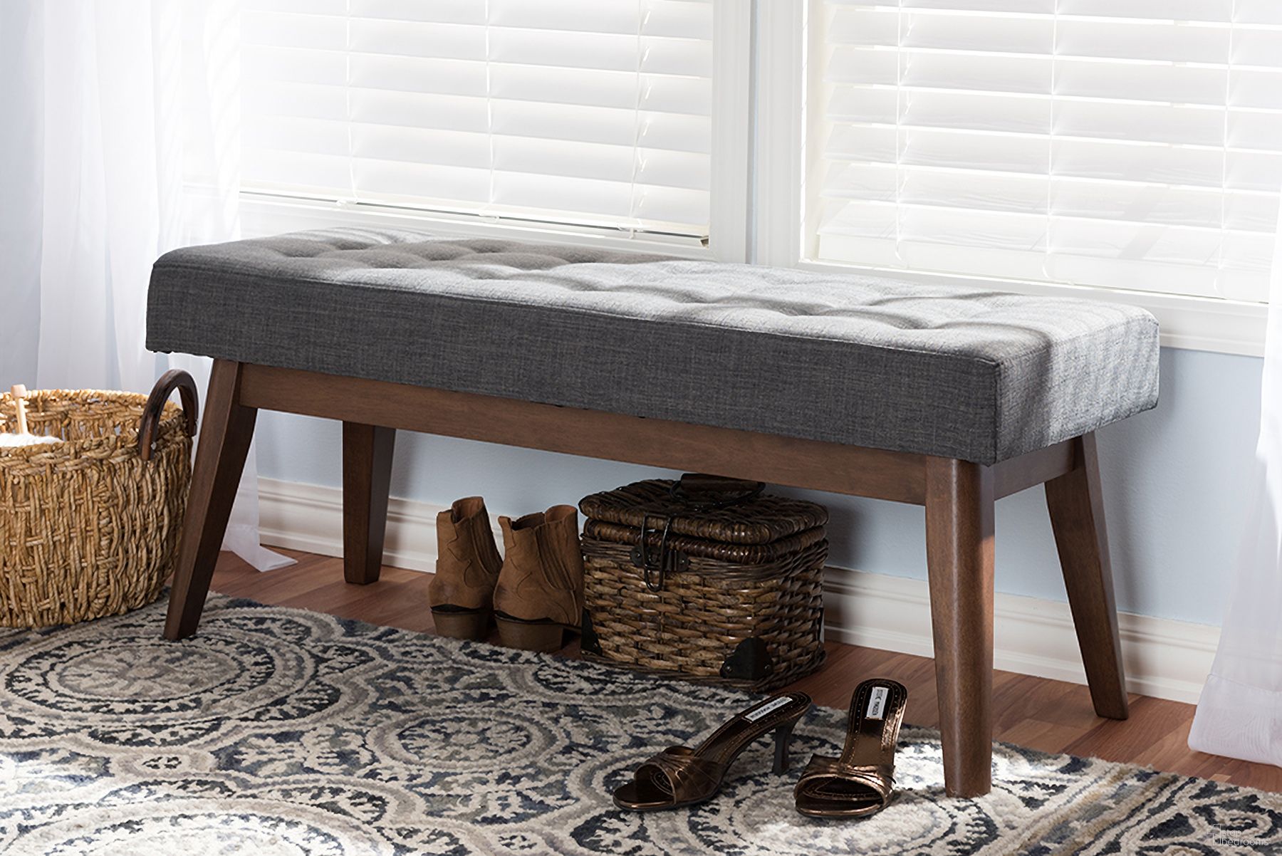 The appearance of Baxton Studio Elia Mid-Century Modern Walnut Wood Dark Grey Fabric Button-Tufted Bench designed by Baxton Studio in the transitional interior design. This dark grey piece of furniture was selected by 1StopBedrooms from Elia Collection to add a touch of cosiness and style into your home. Sku: WM1622-BE-Dark Grey/Walnut. Material: Polyester.