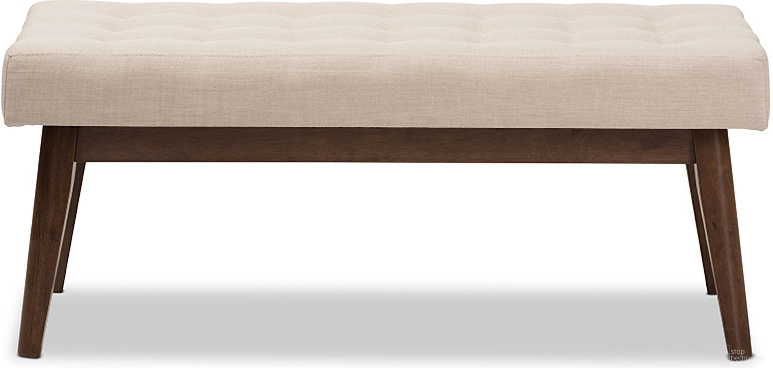 Baxton Studio Elia Mid-Century Modern Walnut Wood Light Beige Fabric Button-Tufted Bench