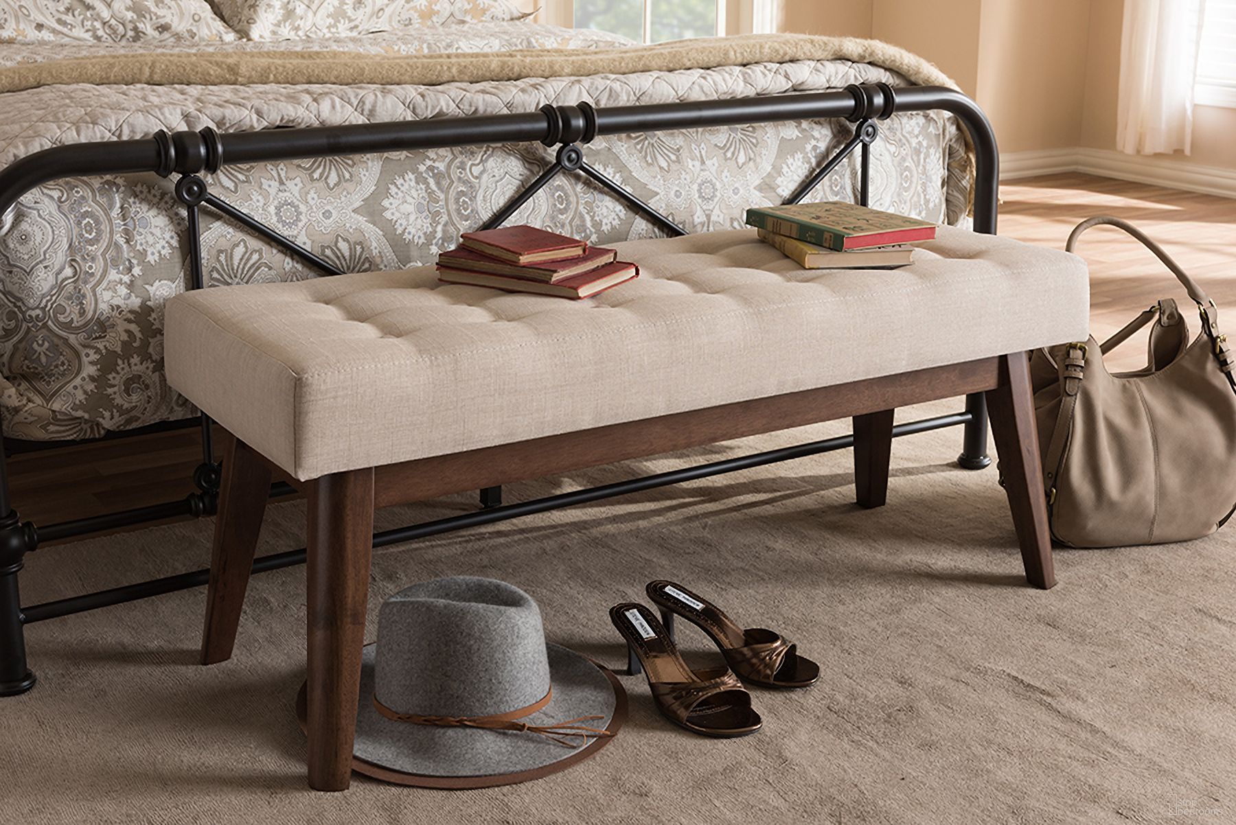 The appearance of Baxton Studio Elia Mid-Century Modern Walnut Wood Light Beige Fabric Button-Tufted Bench designed by Baxton Studio in the transitional interior design. This light beige piece of furniture was selected by 1StopBedrooms from Elia Collection to add a touch of cosiness and style into your home. Sku: WM1622-BE-Beige/Walnut. Material: Polyester.