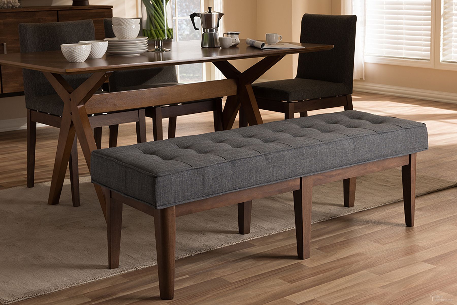 The appearance of Baxton Studio Lucca Mid-Century Modern Walnut Wood Dark Grey Fabric Button-Tufted Bench designed by Baxton Studio in the transitional interior design. This dark grey piece of furniture was selected by 1StopBedrooms from Lucca Collection to add a touch of cosiness and style into your home. Sku: WM1623-BE-Dark Grey/Walnut. Material: Polyester.
