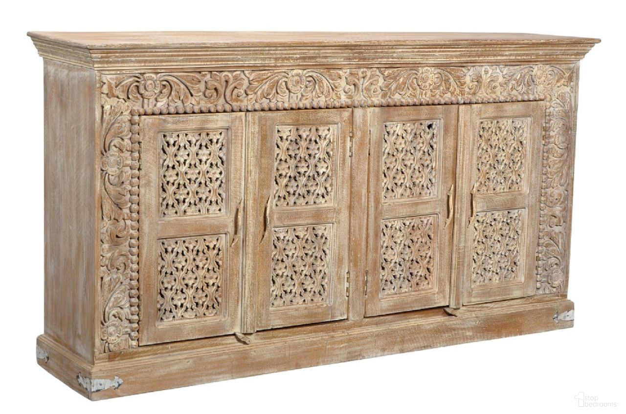 The appearance of 76 Inch Distressed Solid Wood Carved Floral Sideboard with Four Doors In Antiqued White designed by Homeroots in the traditional interior design. This antiqued white piece of furniture was selected by 1StopBedrooms from to add a touch of cosiness and style into your home. Sku: 488629. Material: Solid Wood.