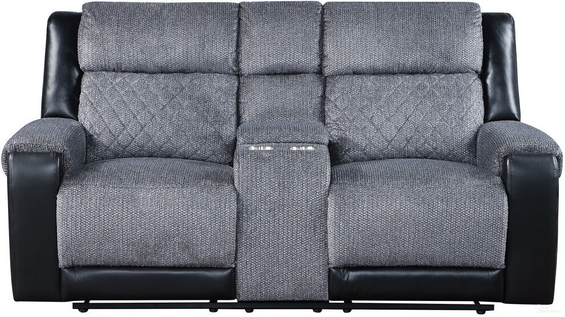The appearance of 76 Inch Faux Leather and Microfiber Manual Reclining Loveseat with Storage In Gray and Black designed by Homeroots in the transitional interior design. This gray and black piece of furniture was selected by 1StopBedrooms from to add a touch of cosiness and style into your home. Sku: 561566. Material: Faux Leather.