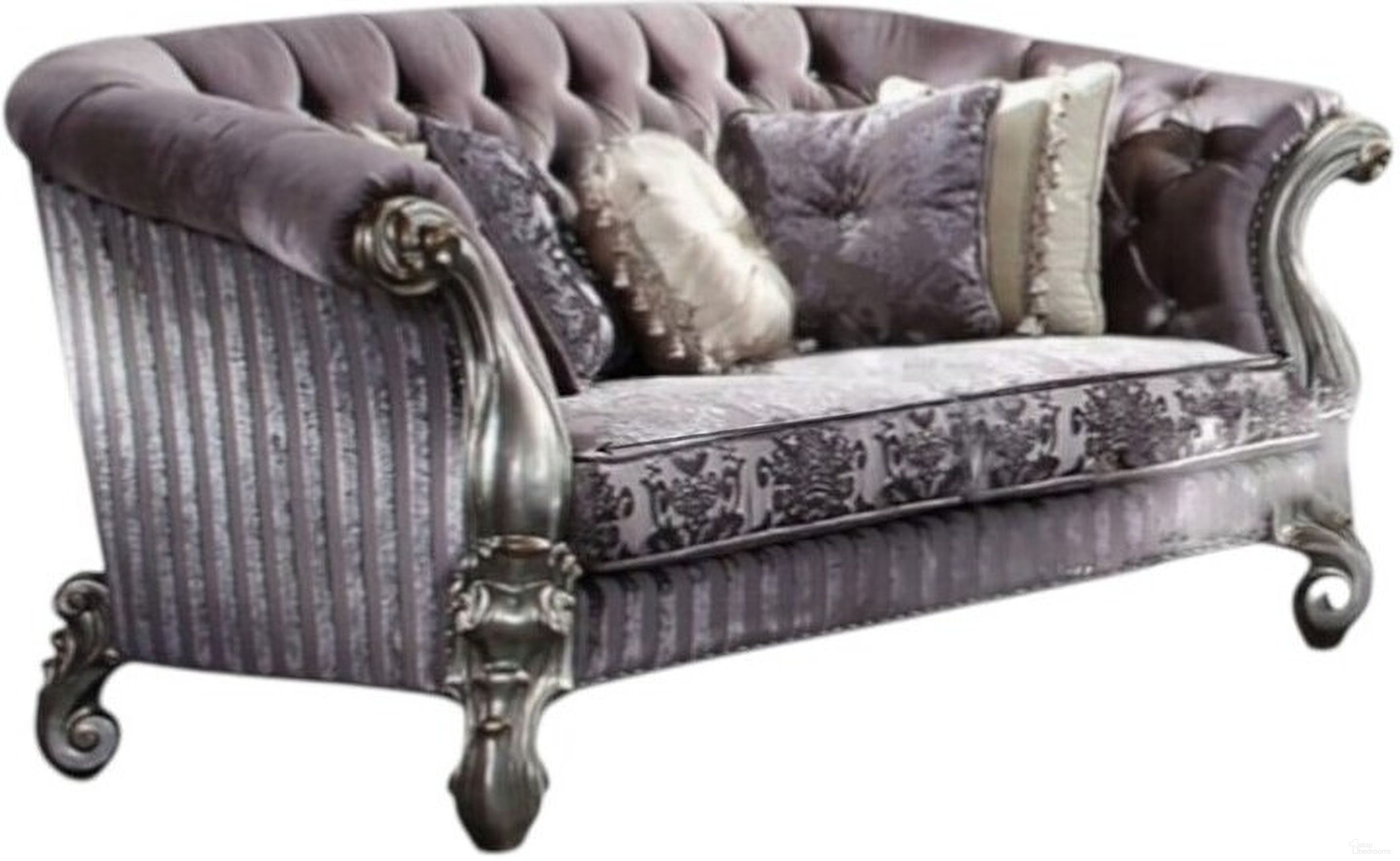 The appearance of 76 Inch Velvet Loveseat and Toss Pillows In Purple and Platinum designed by Homeroots in the modern / contemporary interior design. This purple and platinum piece of furniture was selected by 1StopBedrooms from to add a touch of cosiness and style into your home. Sku: 515709. Material: Velvet.