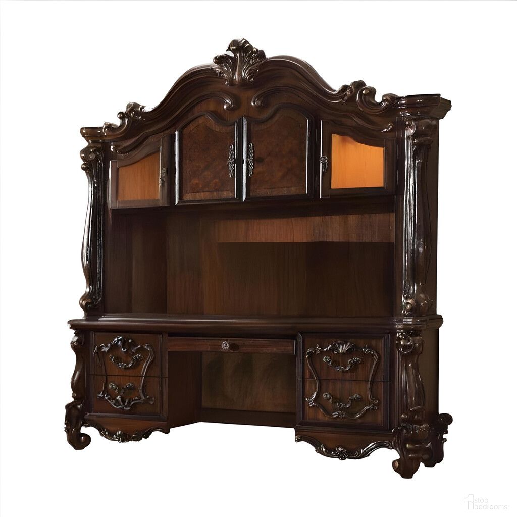 76 Inch Wood Peninsula Credenza Desk with Four Cabinets Three Drawers In Dark Brown