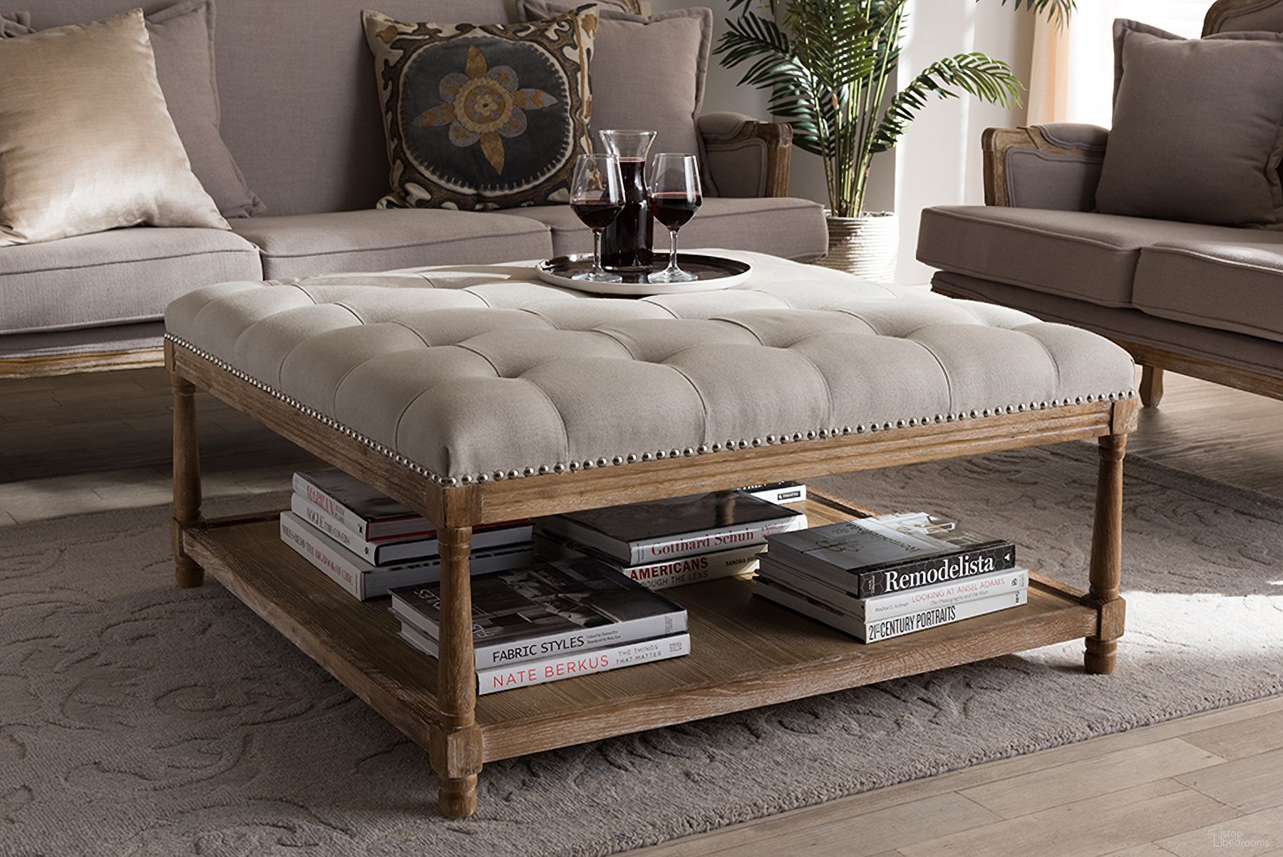 The appearance of Baxton Studio Carlotta French Country Weathered Oak Beige Linen Square Coffee Table Ottoman designed by Baxton Studio in the country / farmhouse interior design. This beige piece of furniture was selected by 1StopBedrooms from Carlotta Collection to add a touch of cosiness and style into your home. Sku: TSF-9329-Beige-Otto. Material: Fabric.