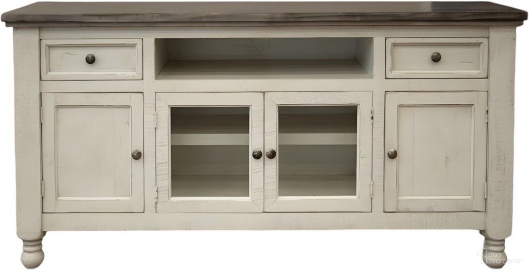 79 Inch Solid Wood Open shelving Distressed TV Stand In Ivory
