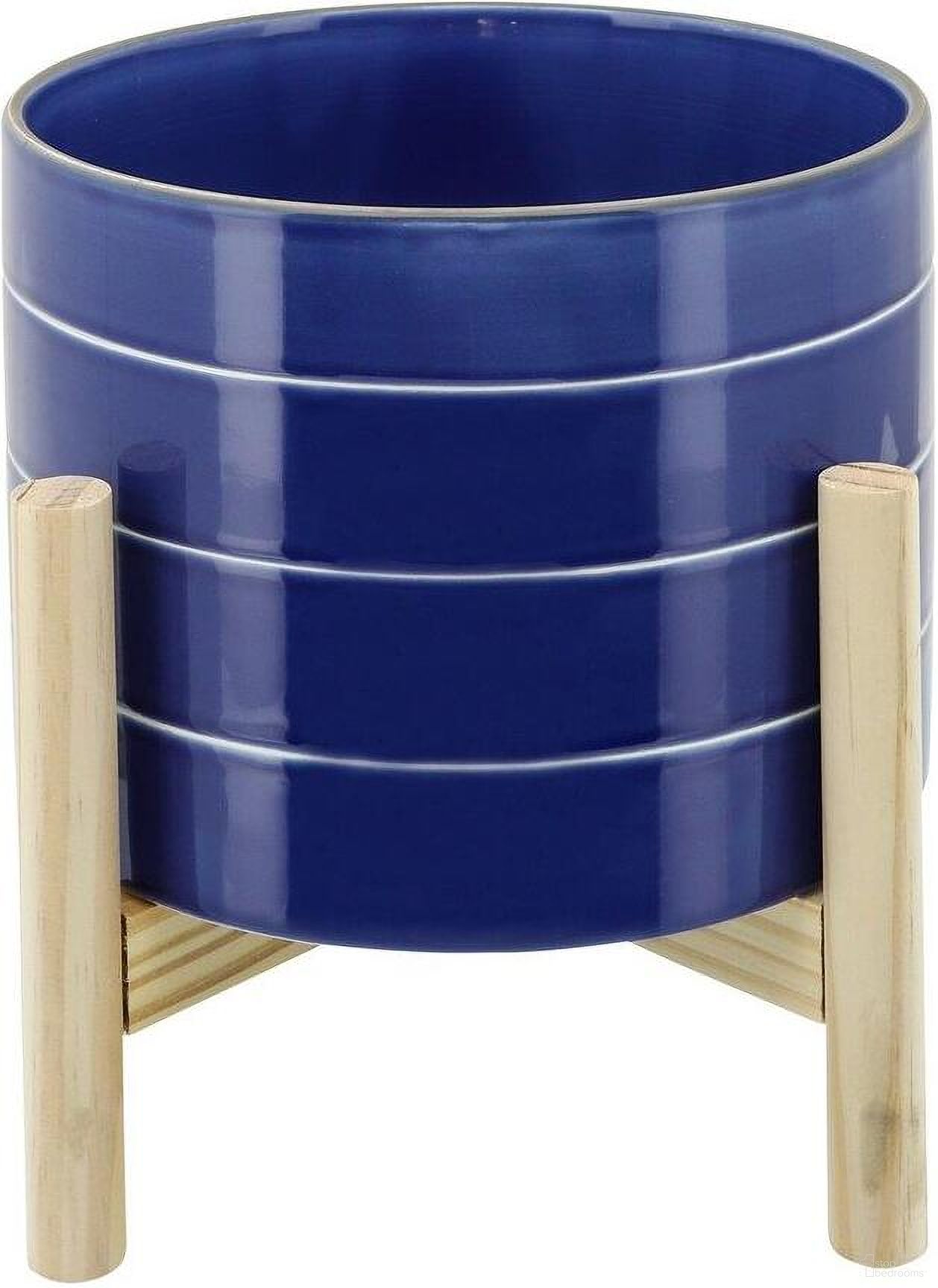 8 Inch Striped Planter With Wood Stand In Navy
