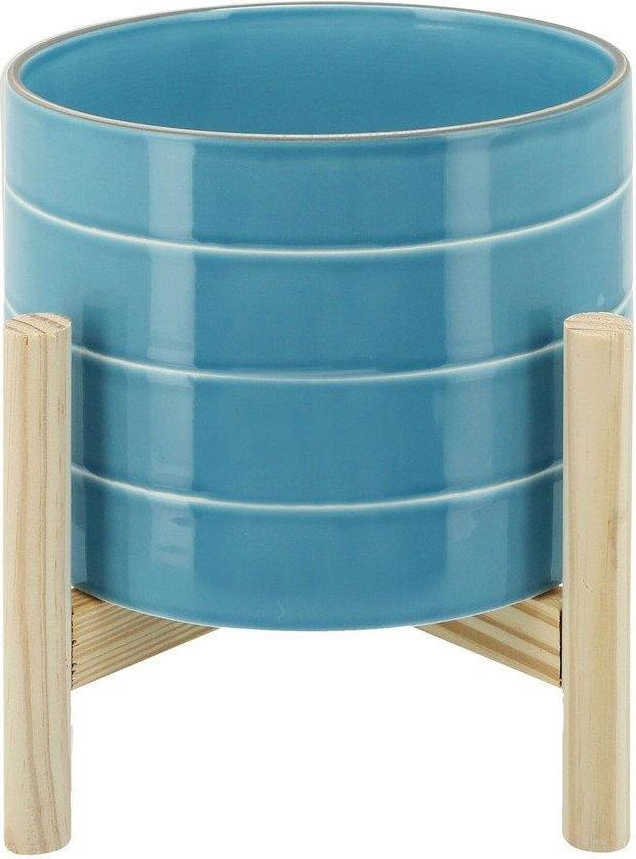 8 Inch Striped Planter With Wood Stand In Skyblue