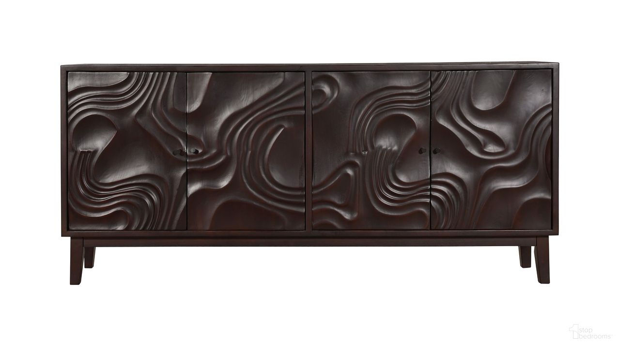 The appearance of 80 Inch Solid Wood Carved Abstract Sideboard with Four Doors In Dark Brown designed by Homeroots in the rustic / southwestern interior design. This dark brown piece of furniture was selected by 1StopBedrooms from to add a touch of cosiness and style into your home. Sku: 634316. Material: Solid Wood.