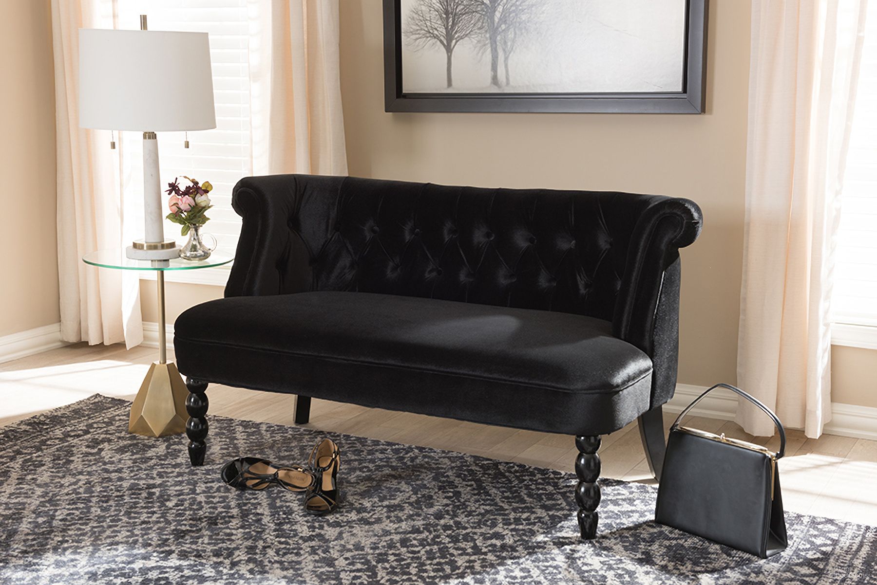 The appearance of Baxton Studio Flax Victorian Style Contemporary Black Velvet Fabric Upholstered 2-Seater Loveseat designed by Baxton Studio in the modern / contemporary interior design. This black piece of furniture was selected by 1StopBedrooms from Flax Collection to add a touch of cosiness and style into your home. Sku: WS-GK756-Black-LS. Material: Velvet.
