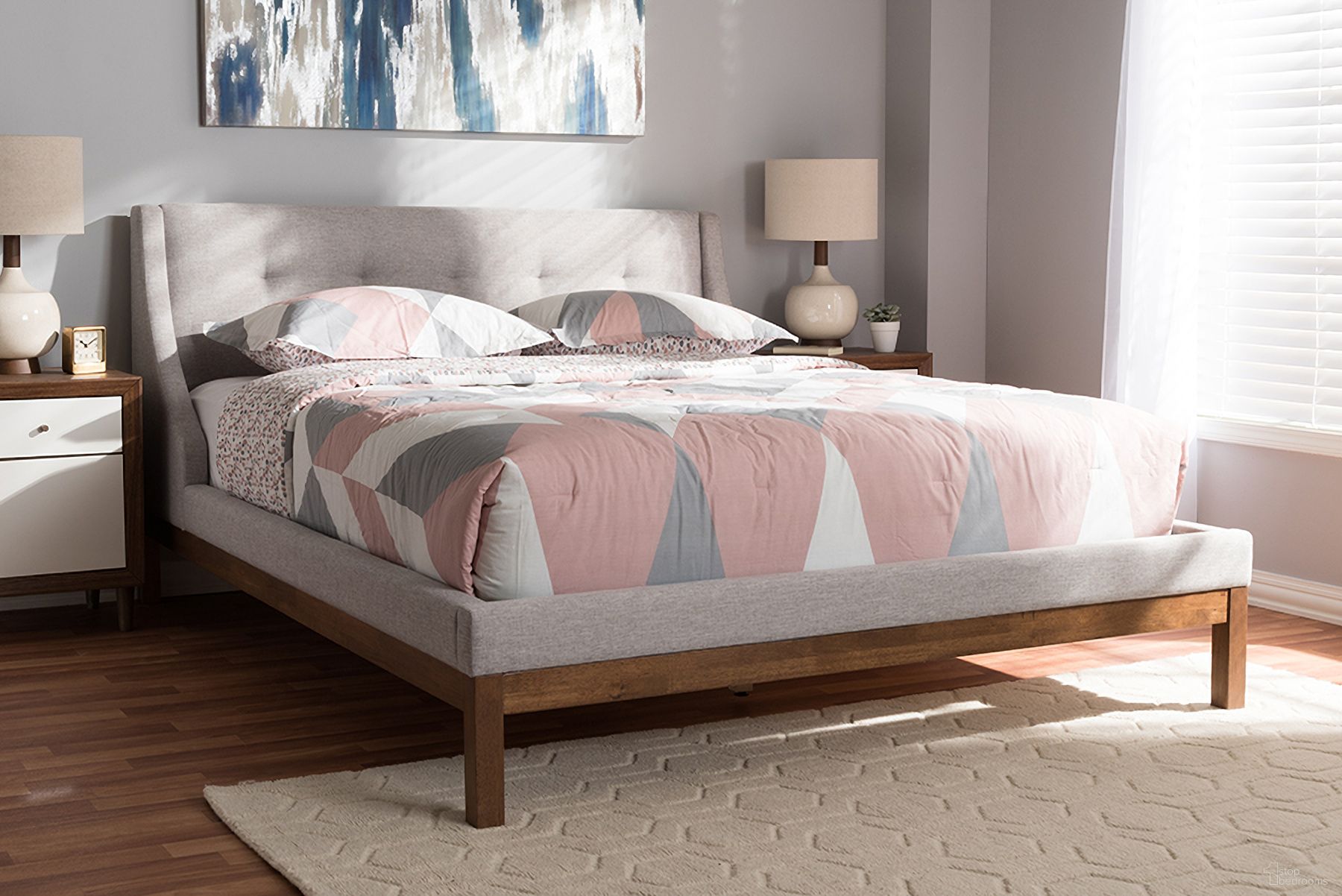 The appearance of Baxton Studio Louvain Modern And Contemporary Greyish Beige Fabric Upholstered Walnut-Finished Full Sized Platform Bed designed by Baxton Studio in the modern / contemporary interior design. This beige piece of furniture was selected by 1StopBedrooms from Louvain Collection to add a touch of cosiness and style into your home. Sku: BBT6696-Greyish Beige-Full. Bed Type: Platform Bed. Material: Polyester. Bed Size: Full.