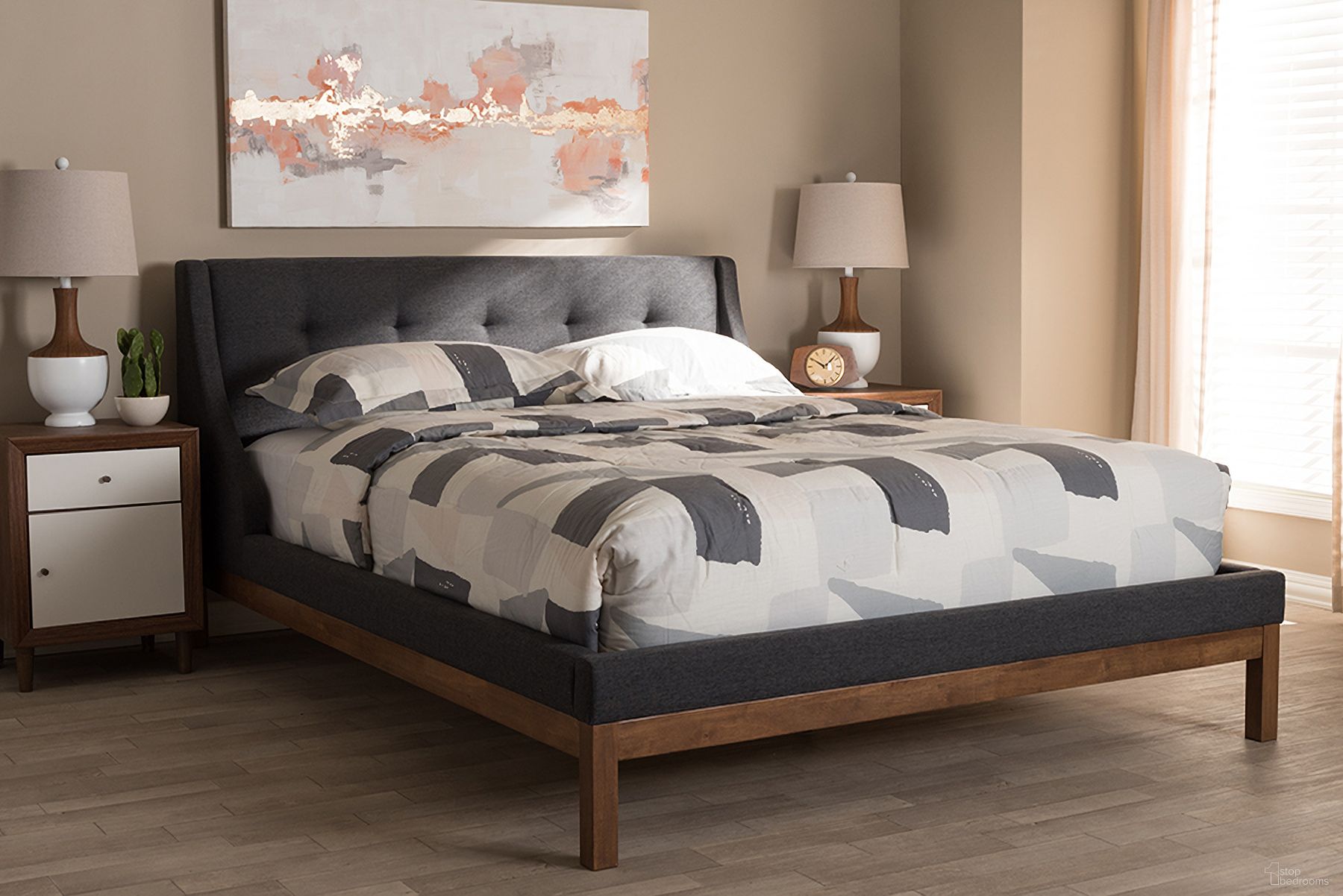 Baxton Studio Louvain Modern And Contemporary Dark Grey Fabric Upholstered Walnut-Finished Full Sized Platform Bed
