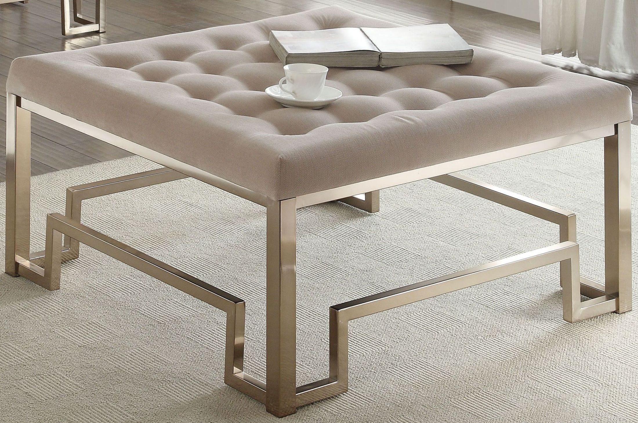 The appearance of Damien Champagne Cocktail Ottoman designed by ACME in the transitional interior design. This brown piece of furniture  was selected by 1StopBedrooms from Damien Collection to add a touch of cosiness and style into your home. Sku: 81625. Material: Fabric.