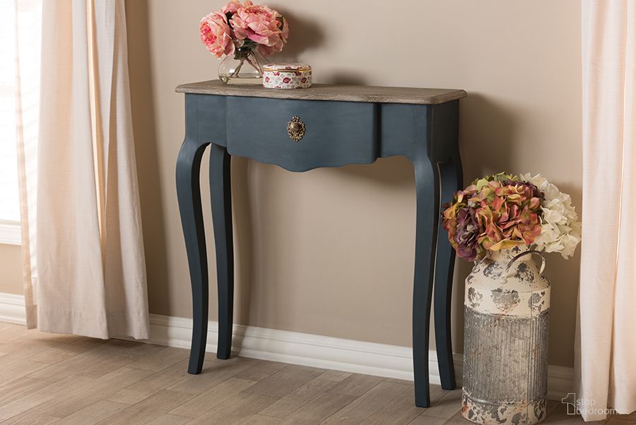 The appearance of Baxton Studio Mazarine Classic And Provincial Blue Spruce Finished Console Table designed by Baxton Studio in the transitional interior design. This blue piece of furniture was selected by 1StopBedrooms from Mazarine Collection to add a touch of cosiness and style into your home. Sku: CES11-Blue Spruce-ST. Material: Wood.