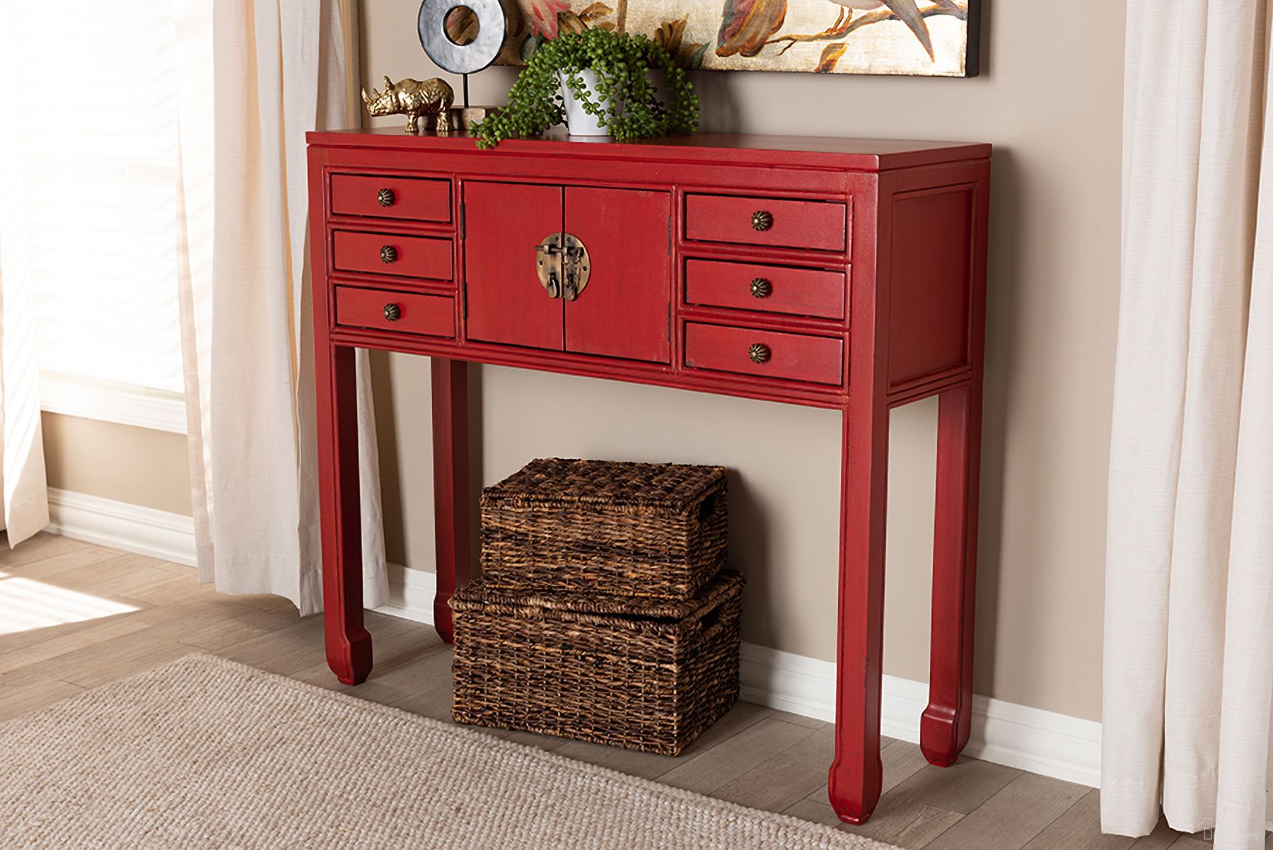 The appearance of Melodie Classic And Antique Red Wood Bronze Finished Accents 6-Drawer Console Table designed by Baxton Studio in the country / farmhouse interior design. This red piece of furniture was selected by 1StopBedrooms from Melodie Collection to add a touch of cosiness and style into your home. Sku: MIN22-Red-ST. Material: Wood.