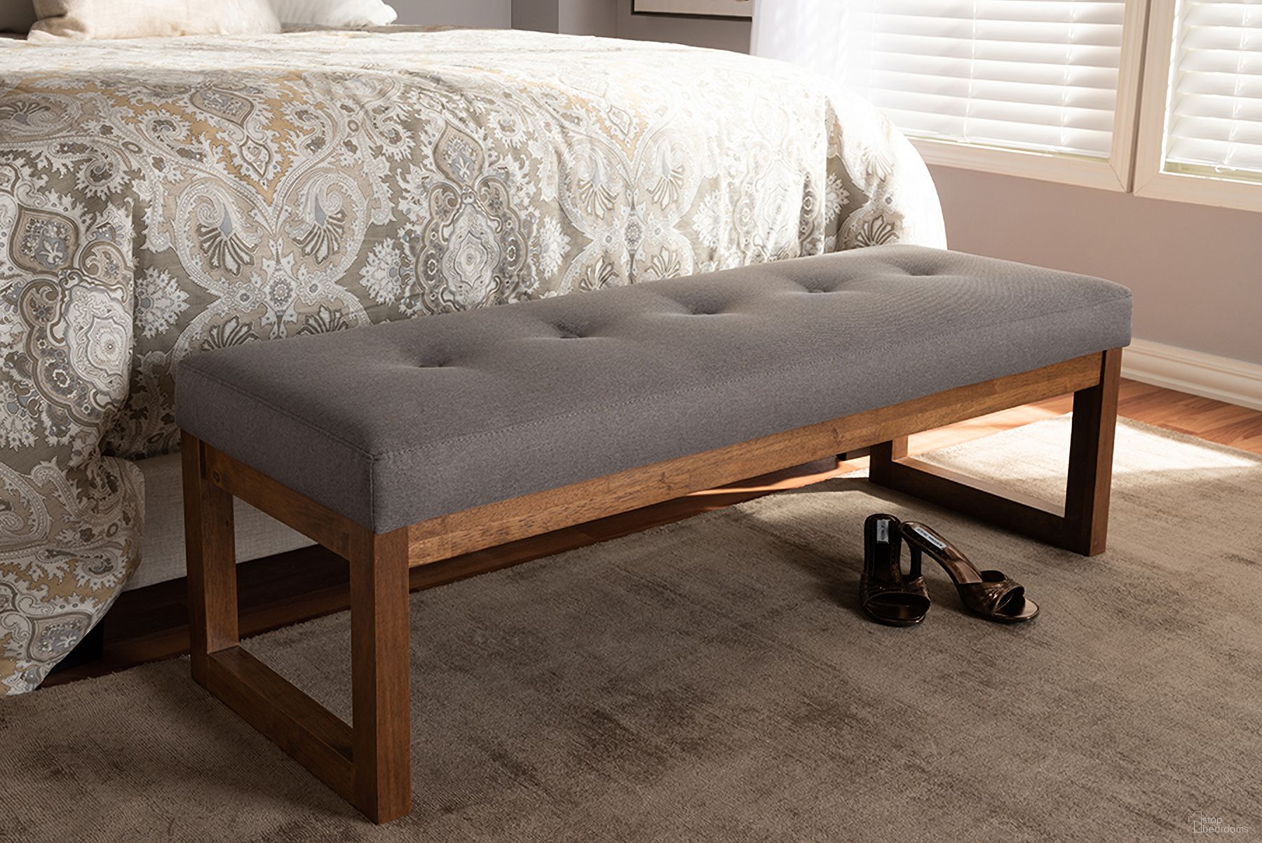 The appearance of Baxton Studio Caramay Modern And Contemporary Grey Fabric Upholstered Walnut Brown Finished Wood Bench designed by Baxton Studio in the modern / contemporary interior design. This grey piece of furniture was selected by 1StopBedrooms from Caramay Collection to add a touch of cosiness and style into your home. Sku: BBT5337-Grey-Bench. Material: Polyester.