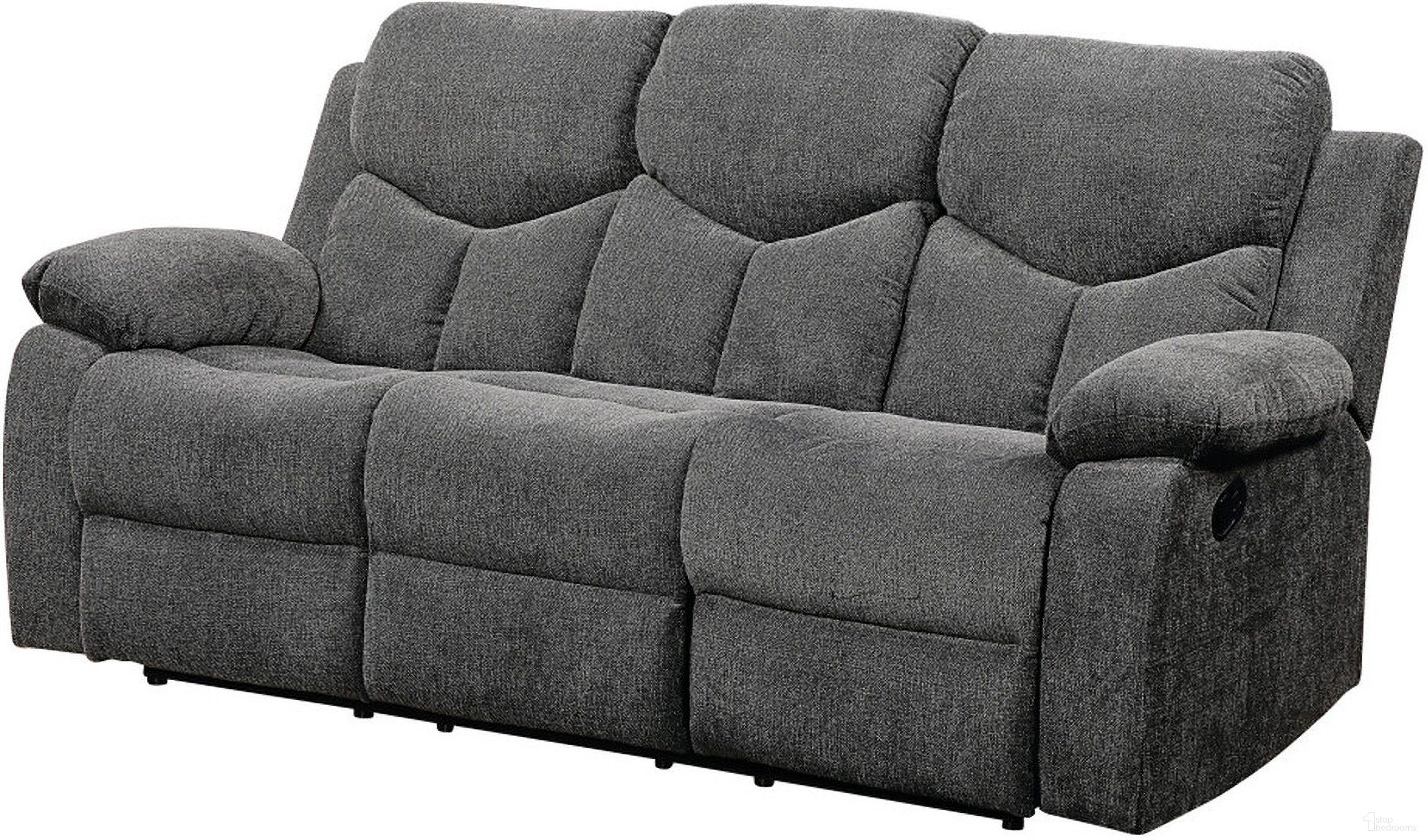 The appearance of 82 Inch Chenille Reclining Sofa with Black Legs In Gray designed by Homeroots in the transitional interior design. This gray piece of furniture was selected by 1StopBedrooms from to add a touch of cosiness and style into your home. Sku: 491322. Material: Chenille.