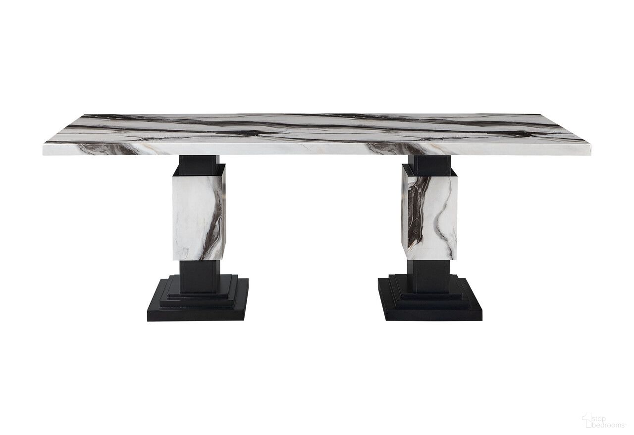 The appearance of 82 Inch Faux Marble and Wood Double Pedestal Base Dining Table In Black and White designed by Homeroots in the modern / contemporary interior design. This black and white piece of furniture  was selected by 1StopBedrooms from  to add a touch of cosiness and style into your home. Sku: 564893. Table Base Style: Double Pedestal. Material: Faux Marble. Table Top Shape: Rectangular. Size: 40" x 82".