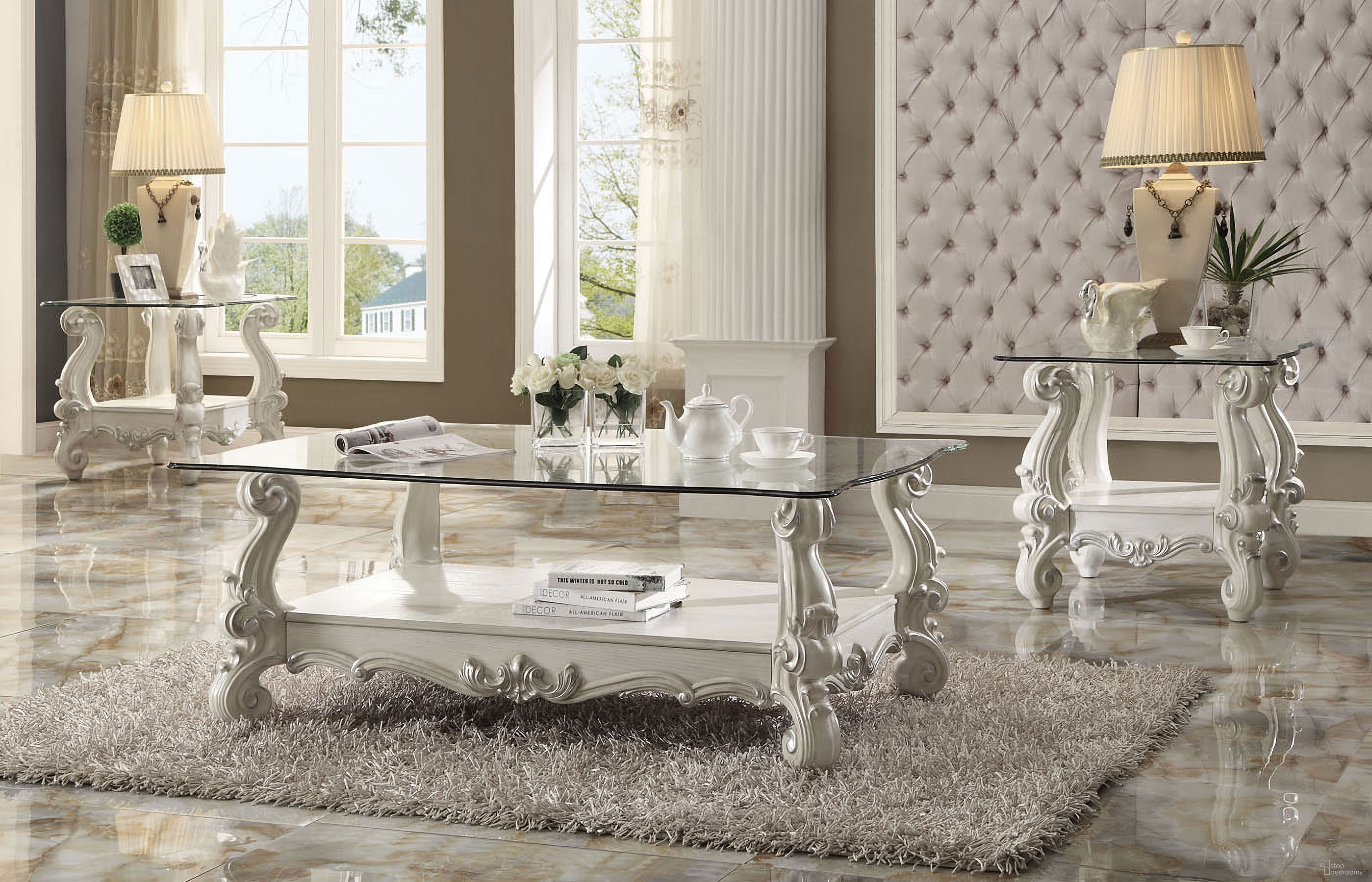 Versailles Glass Top Rectangular Occasional Table Set (Bone White)