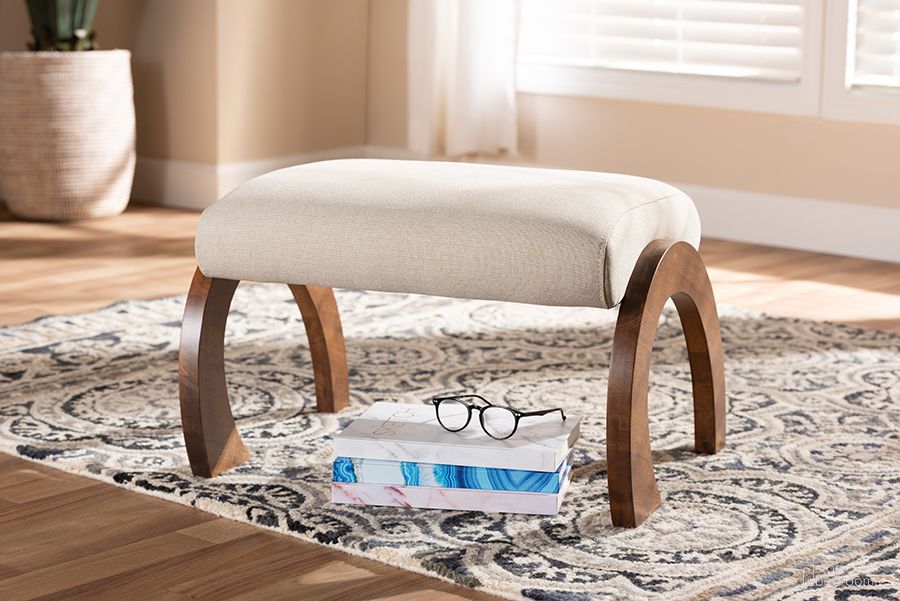 The appearance of Baxton Studio Sandrine Modern And Contemporary Light Beige Fabric Upholstered Walnut Brown Finished Wood Ottoman designed by Baxton Studio in the modern / contemporary interior design. This light beige piece of furniture was selected by 1StopBedrooms from Sandrine Collection to add a touch of cosiness and style into your home. Sku: BBT5318-Light Beige. Material: Polyester.