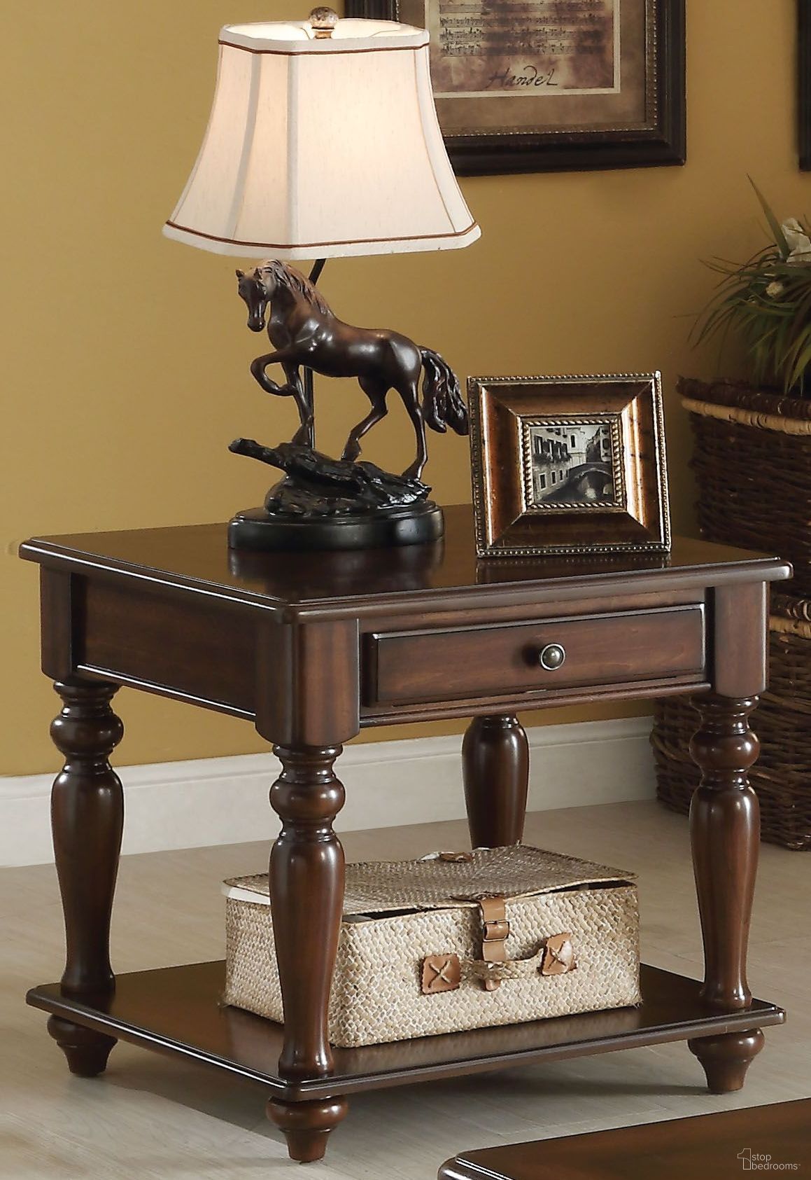 The appearance of Farrel Walnut End Table designed by ACME in the transitional interior design. This brown piece of furniture was selected by 1StopBedrooms from Farrel Collection to add a touch of cosiness and style into your home. Sku: 82746. Material: Wood.
