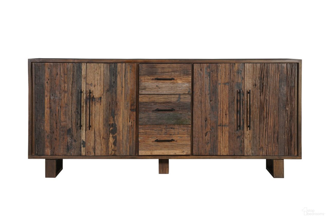 The appearance of 83 Inch Distressed Reclaimed Wood Three Drawer Sideboard with Four Doors In Dark Brown designed by Homeroots in the rustic / southwestern interior design. This dark brown piece of furniture was selected by 1StopBedrooms from to add a touch of cosiness and style into your home. Sku: 634321.