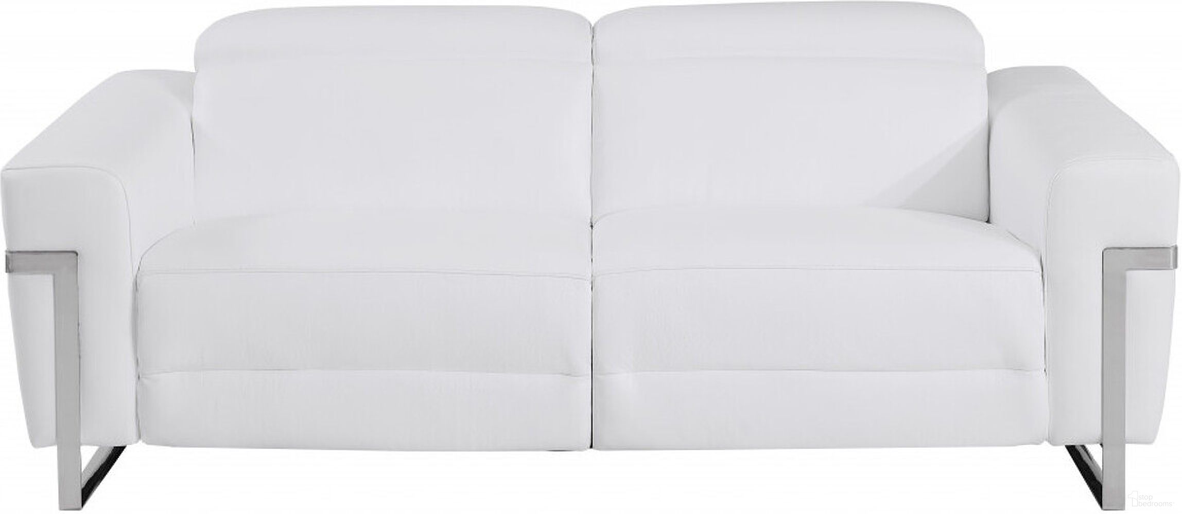 The appearance of 83 Inch Italian Leather USB Reclining Sofa with Chrome Legs In White designed by Homeroots in the modern / contemporary interior design. This white piece of furniture  was selected by 1StopBedrooms from  to add a touch of cosiness and style into your home. Sku: 482207. Material: Genuine Leather.