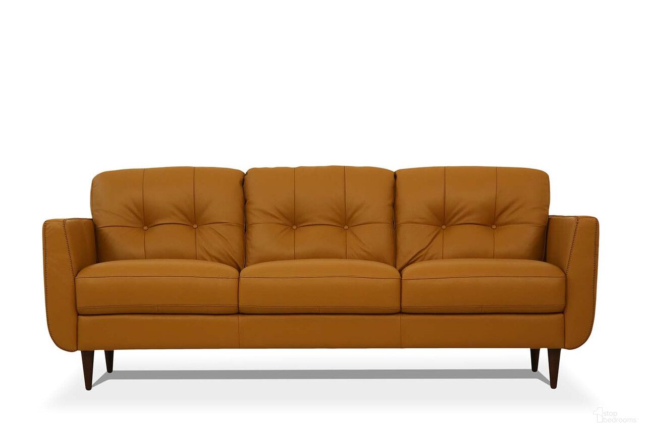 The appearance of 83 Inch Leather Sofa with Black Legs In Orange designed by Homeroots in the modern / contemporary interior design. This orange piece of furniture was selected by 1StopBedrooms from to add a touch of cosiness and style into your home. Sku: 491283. Material: Genuine Leather.