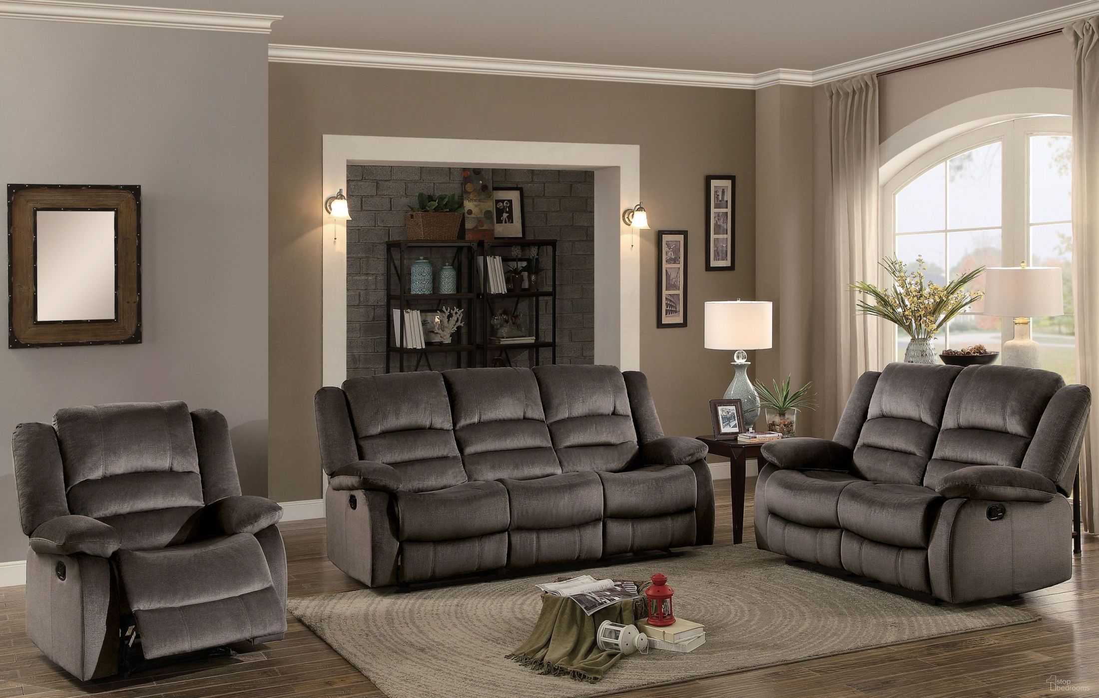 The appearance of Jarita Chocolate Double Reclining Living Room Set designed by Homelegance in the transitional interior design. This chocolate piece of furniture  was selected by 1StopBedrooms from Jarita Collection to add a touch of cosiness and style into your home. Sku: 8329CH-3;8329CH-2. Material: Polyester.