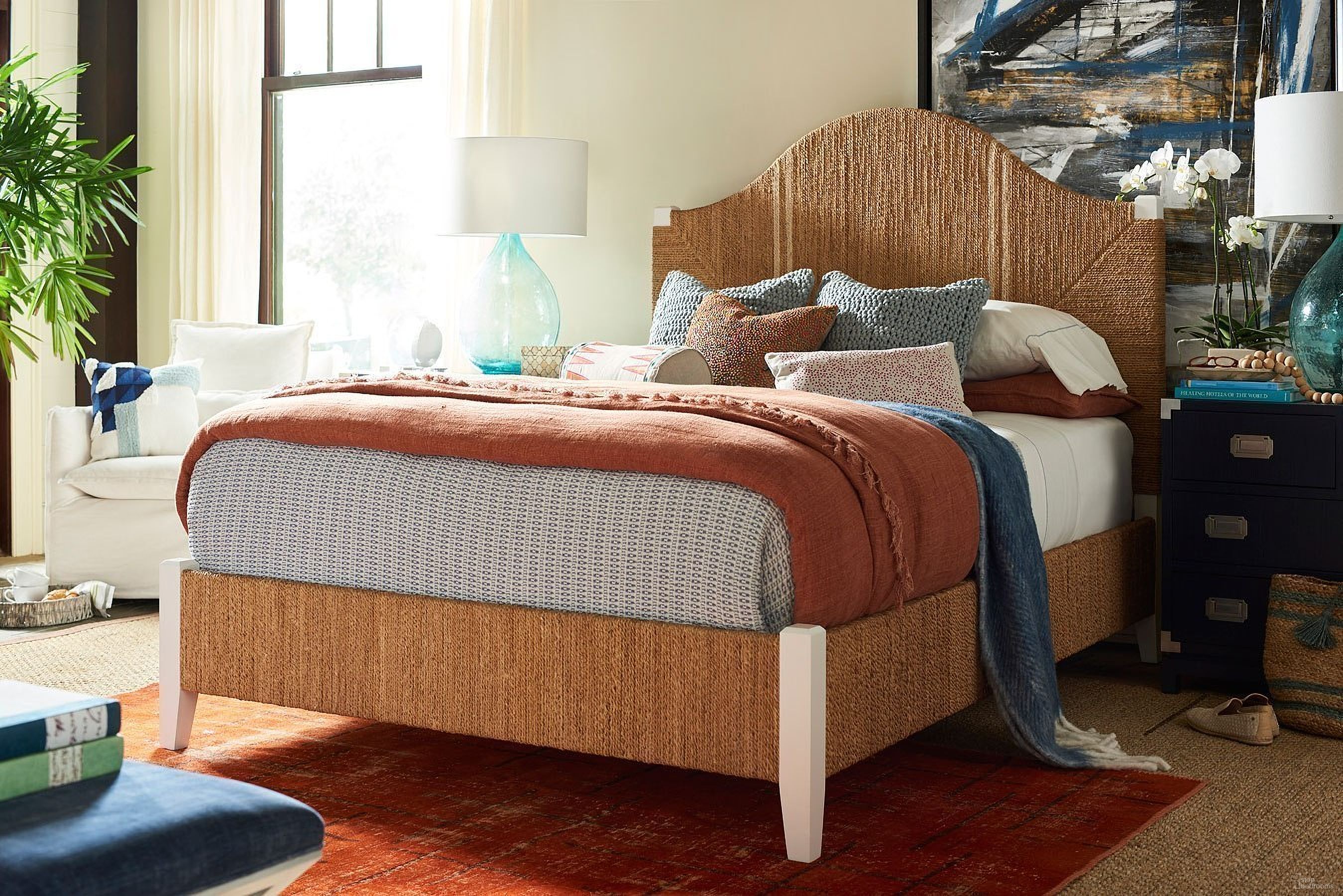 The appearance of Coastal Living Woven Abaca Seabrook Panel Bedroom Set designed by Universal in the coastal interior design. This brown piece of furniture was selected by 1StopBedrooms from Coastal Living Collection to add a touch of cosiness and style into your home. Sku: 833210;83321F;83321R;833C356. Bed Type: Panel Bed. Bed Size: Queen. Material: Rattan.