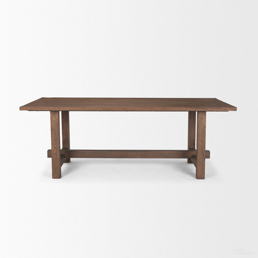 The appearance of 84 Inch Solid Wood Trestle Base Dining Table In Brown designed by Homeroots in the rustic / southwestern interior design. This brown piece of furniture  was selected by 1StopBedrooms from  to add a touch of cosiness and style into your home. Sku: 604015. Table Base Style: Trestle. Table Top Shape: Rectangular. Size: 42" x 84". Material: Solid Wood.