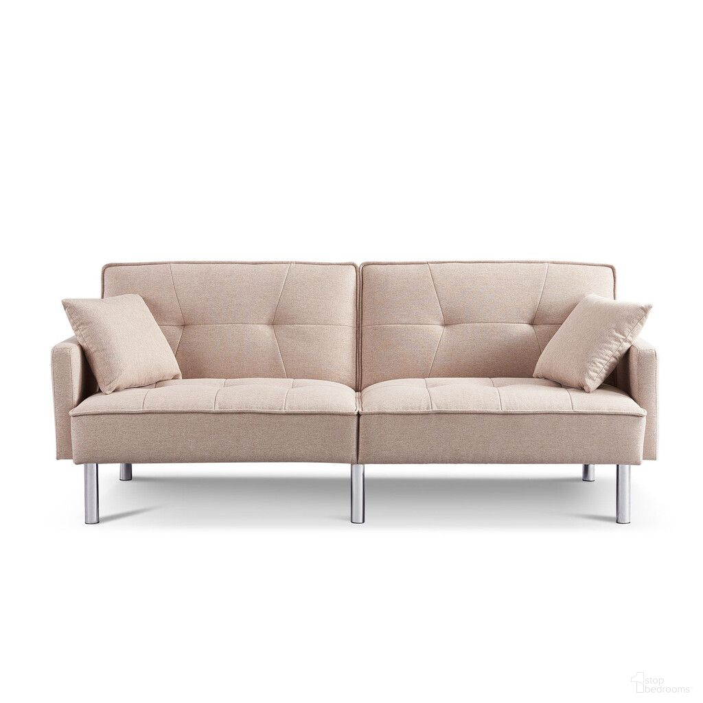 The appearance of 85 Inch Polyester Blend Convertible Futon Sleeper Sofa and Toss Pillows with Silver Legs In Beige designed by Homeroots in the modern / contemporary interior design. This beige piece of furniture was selected by 1StopBedrooms from to add a touch of cosiness and style into your home. Sku: 544952. Material: Polyester.
