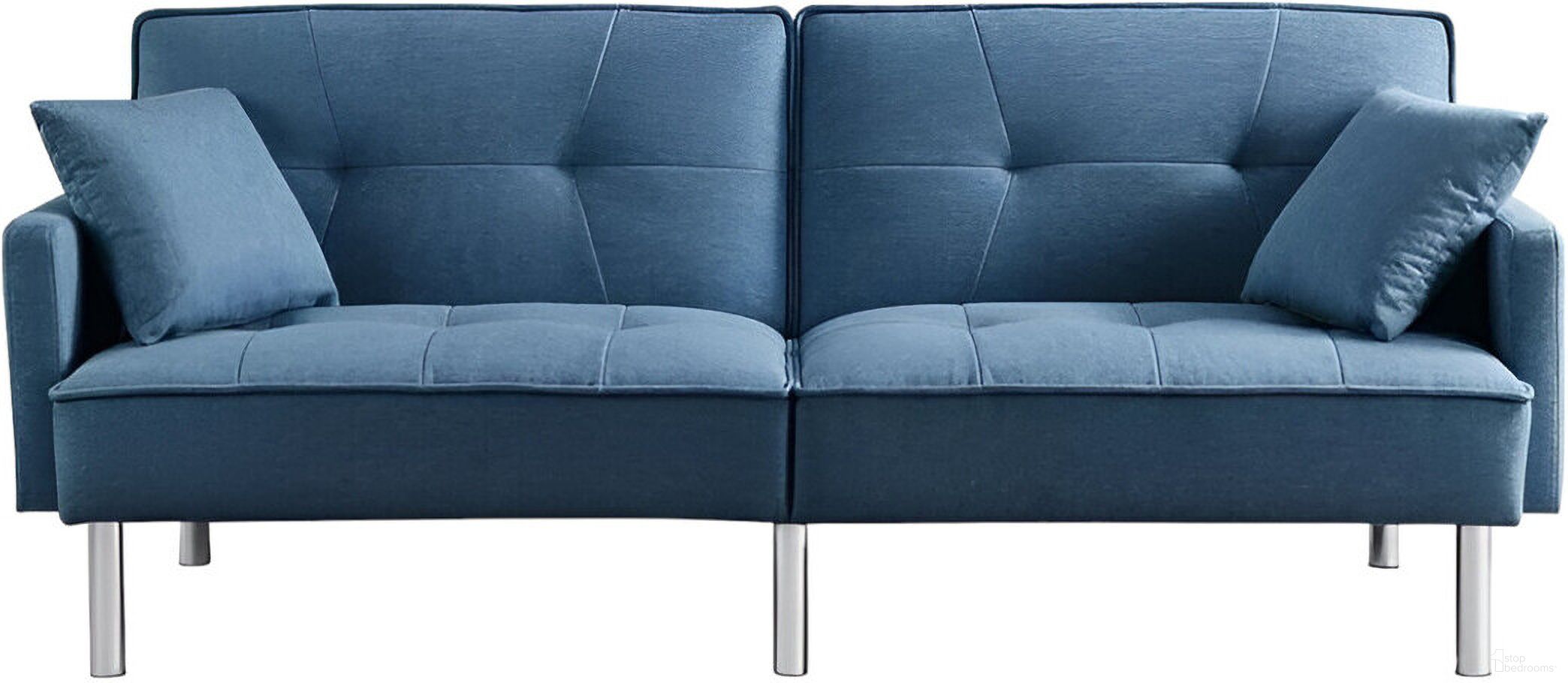 The appearance of 85 Inch Polyester Blend Convertible Futon Sleeper Sofa and Toss Pillows with Silver Legs In Blue designed by Homeroots in the modern / contemporary interior design. This blue piece of furniture was selected by 1StopBedrooms from to add a touch of cosiness and style into your home. Sku: 544953. Material: Polyester.