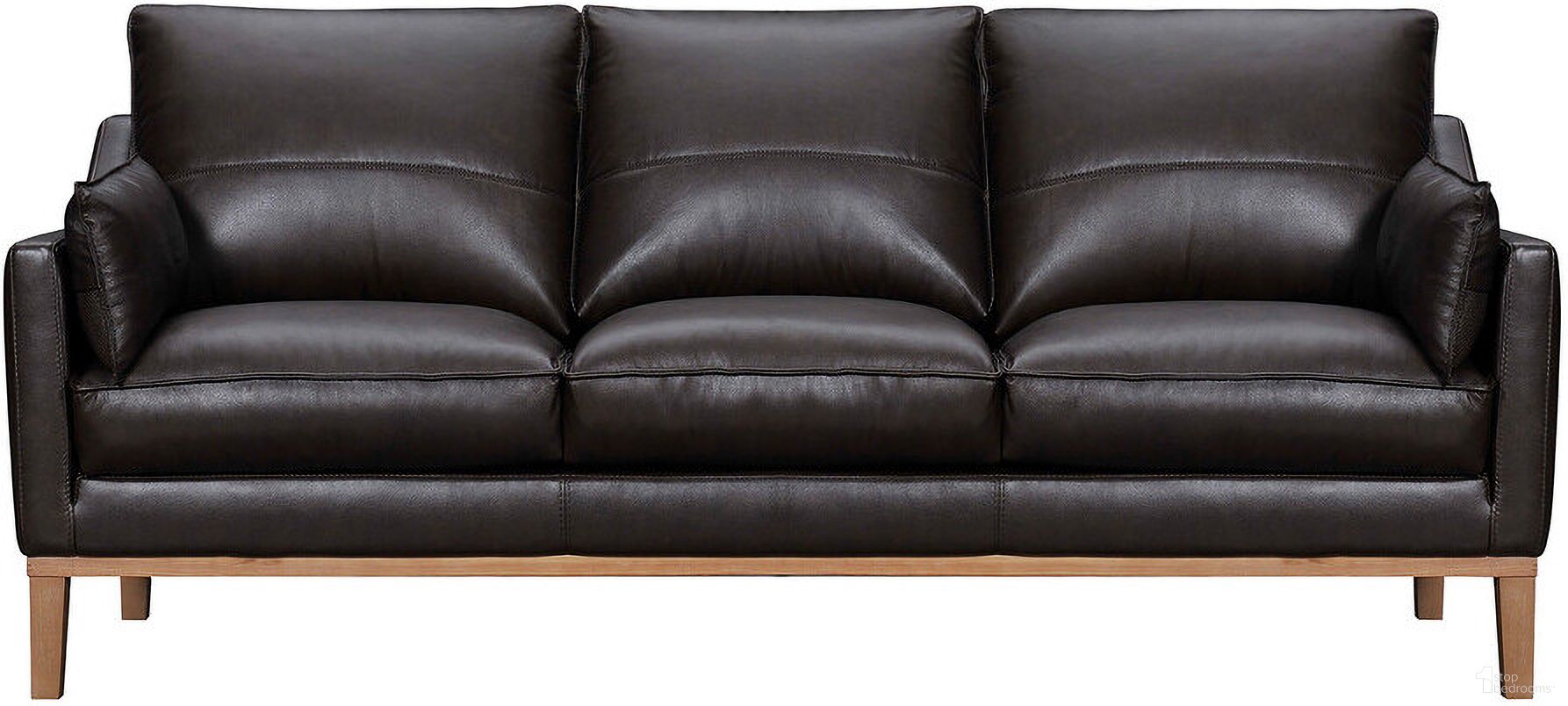 The appearance of 87 Inch Leather Sofa and Toss Pillows with Brown Legs In Dark Brown designed by Homeroots in the transitional interior design. This dark brown piece of furniture  was selected by 1StopBedrooms from  to add a touch of cosiness and style into your home. Sku: 546409. Material: Genuine Leather.