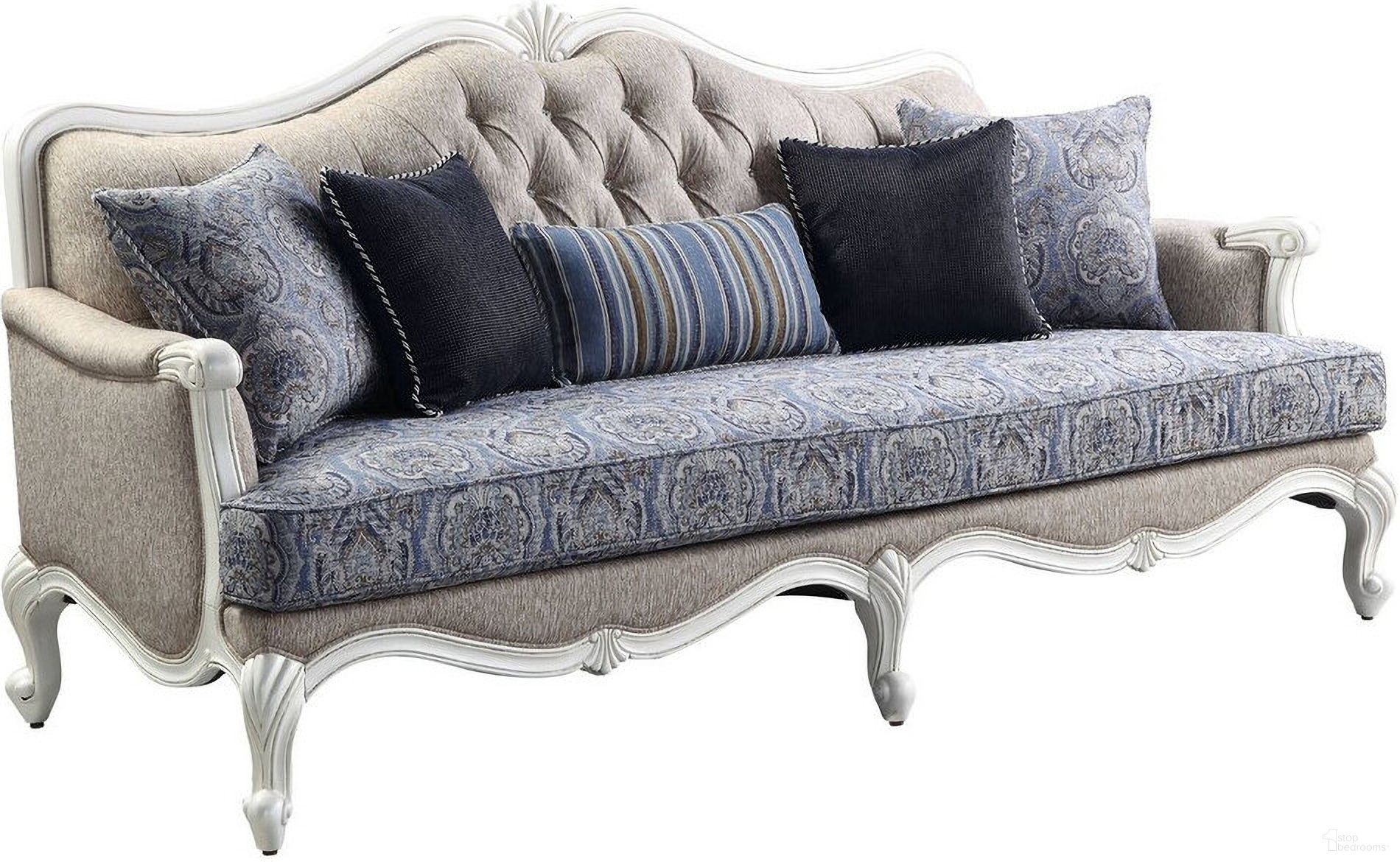 The appearance of 88 Inch Linen Damask Sofa and Toss Pillows with White Legs In Cream designed by Homeroots in the traditional interior design. This cream piece of furniture was selected by 1StopBedrooms from to add a touch of cosiness and style into your home. Sku: 491311. Material: Linen.