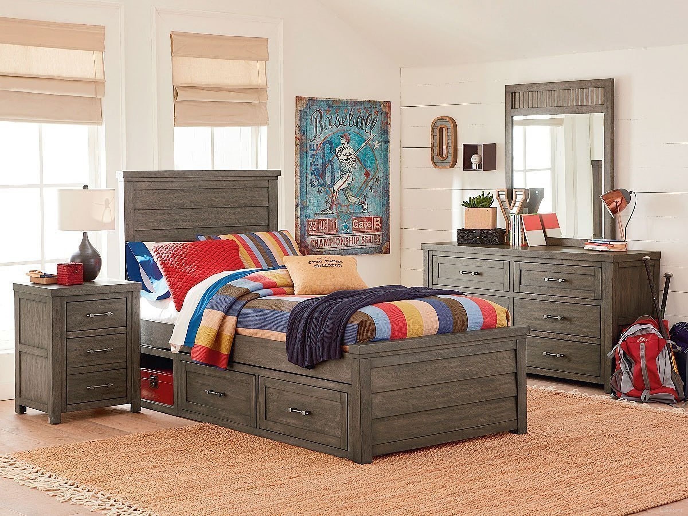 The appearance of Bunkhouse Aged Barnwood Youth Louvered Panel Bedroom Set designed by Legacy Classic Kids in the transitional interior design. This brown piece of furniture  was selected by 1StopBedrooms from Bunkhouse Collection to add a touch of cosiness and style into your home. Sku: N8830-4103;N8830-4113;N8830-4900;N8830-3100. Bed Type: Panel Bed. Material: Wood. Bed Size: Twin.